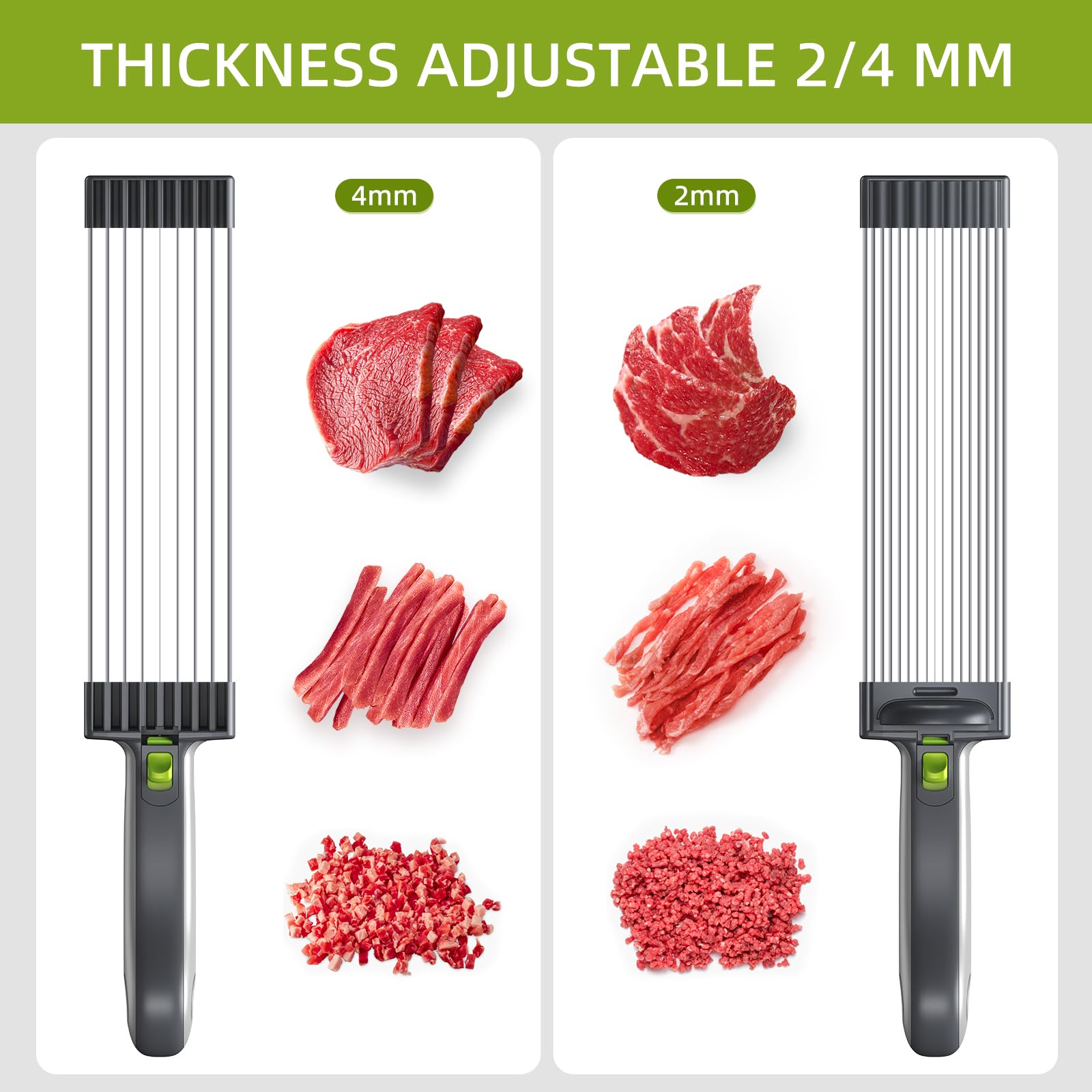 SupMaKin Fresh Meat Slicer shows thickness option 2-4 mm for versatile cuts.