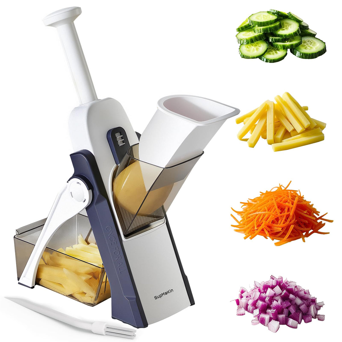 SupMaKin Safe Mandoline blue top view shows precise, effortless slicing for recipes