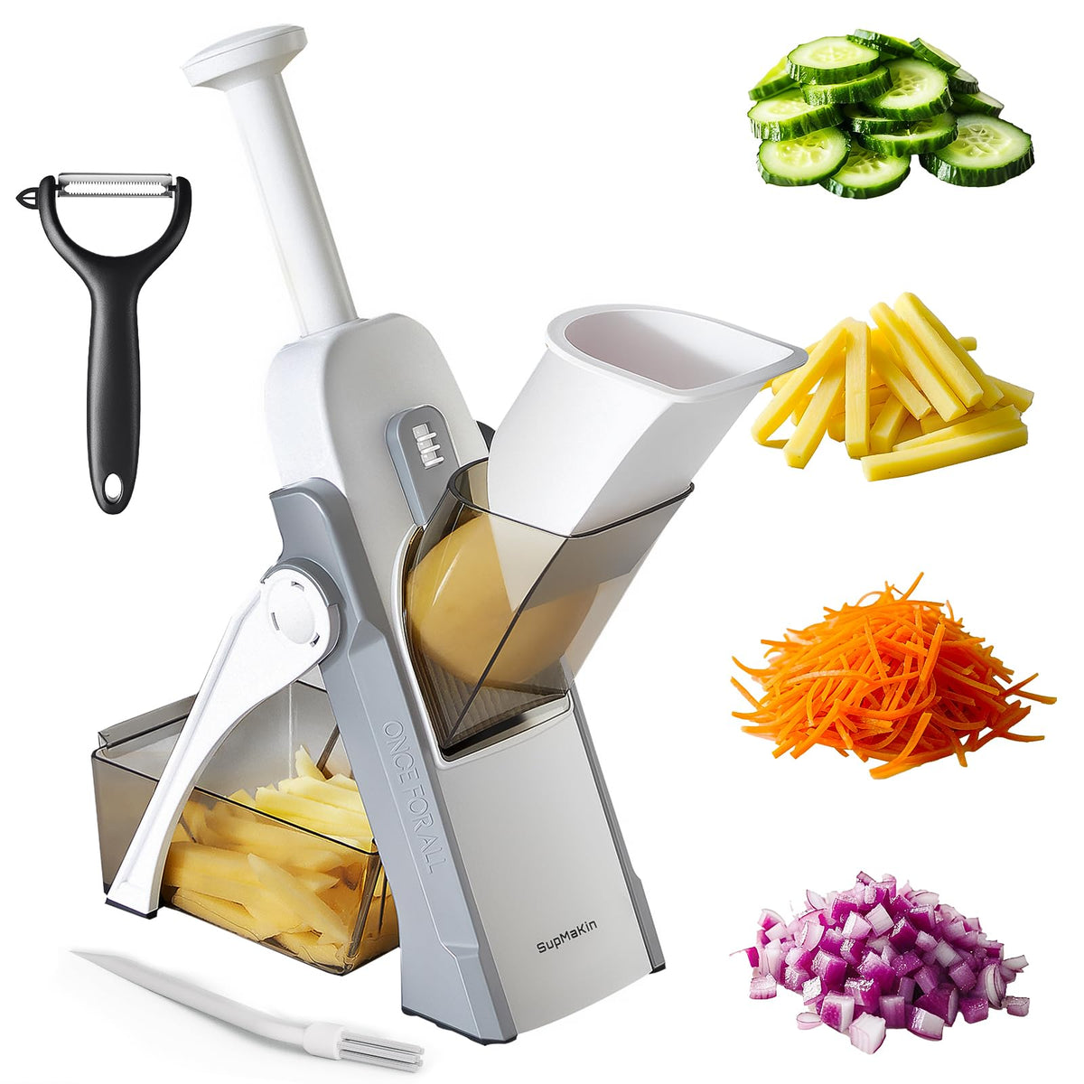 SupMaKin Safe Mandoline Slicer with chute for fast, uniform slicing.