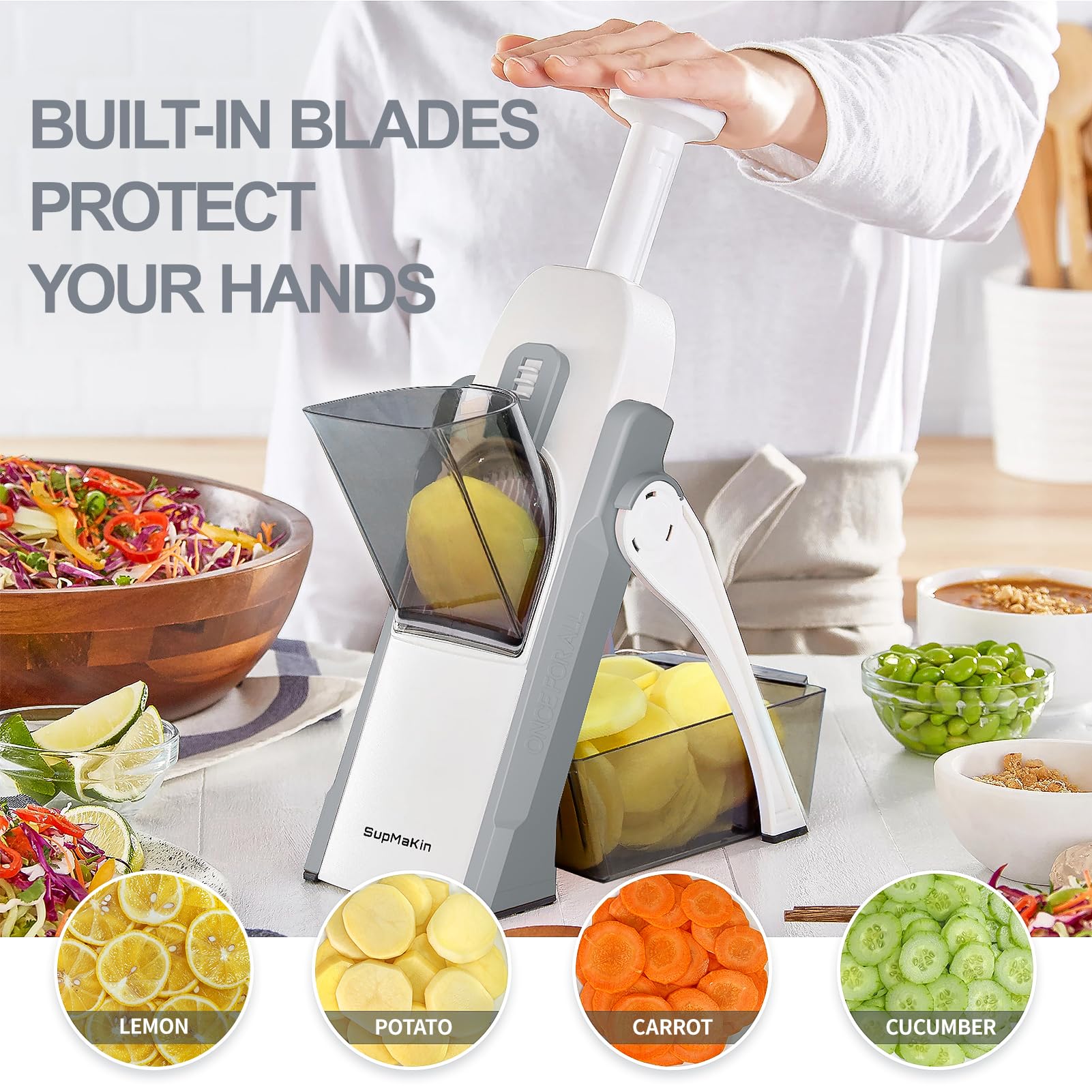 SupMaKin Safe Mandoline Slicer non-slip-base keeps stable cuts on the counter.