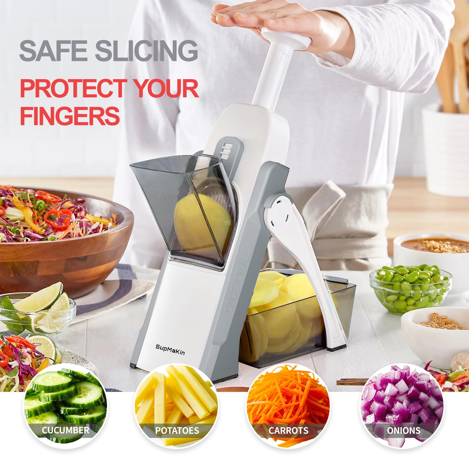 SupMaKin Safe Mandoline Slicer thickness dial showing adjustable slices