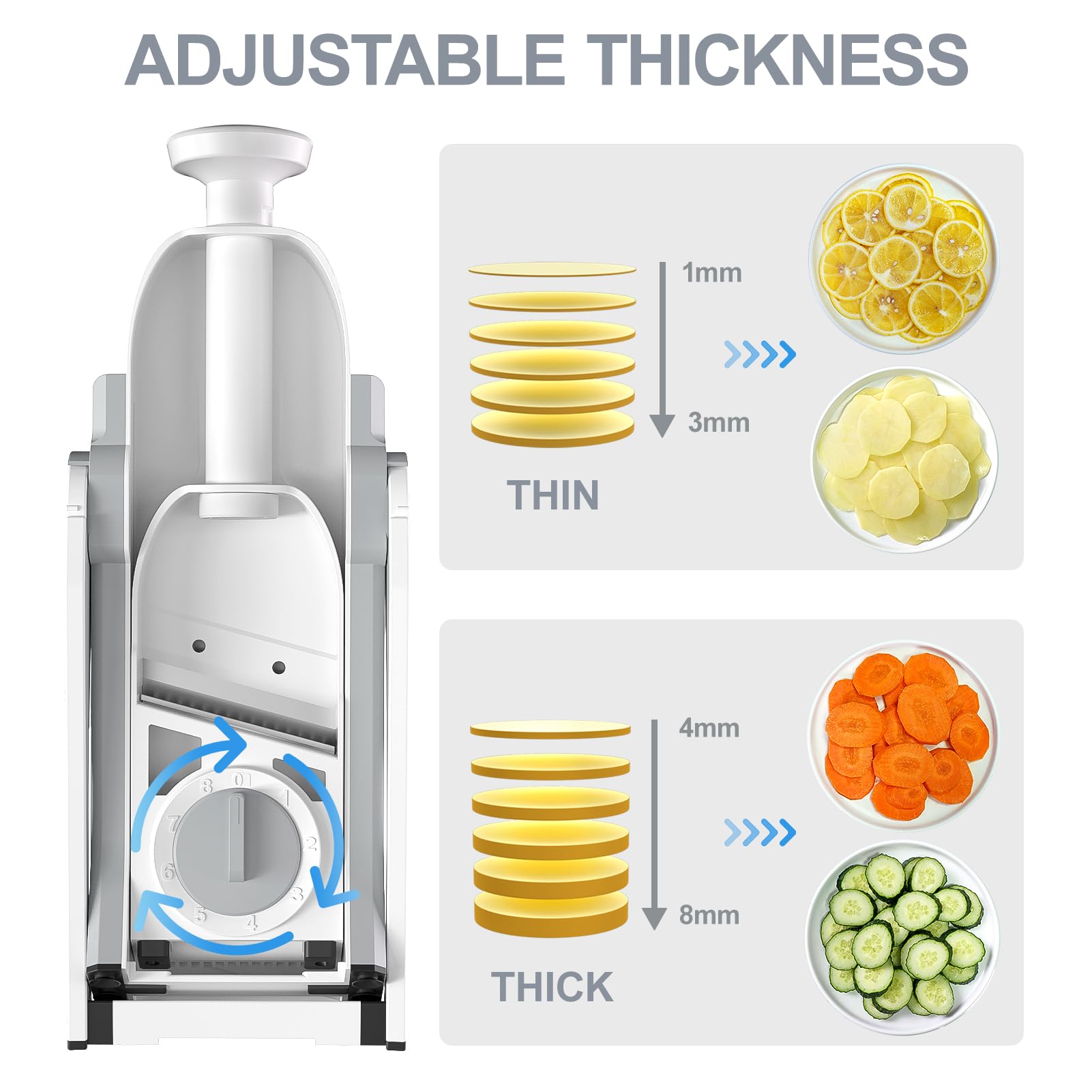 SupMaKin Safe Mandoline Slicer thickness-dial shows precise 0.1-8 mm slicing.