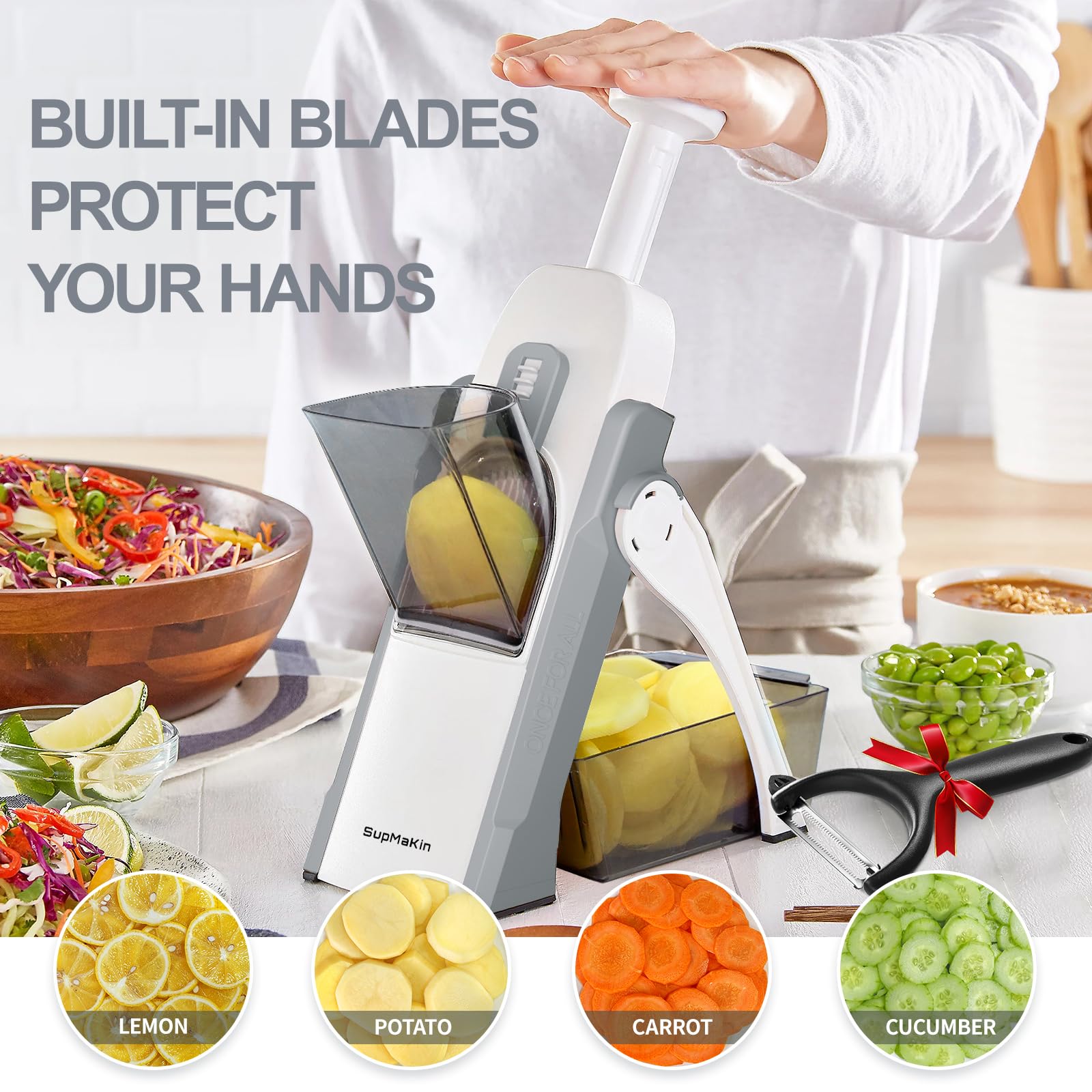 SupMaKin mandoline with stainless-steel blades for durable, accurate slicing.