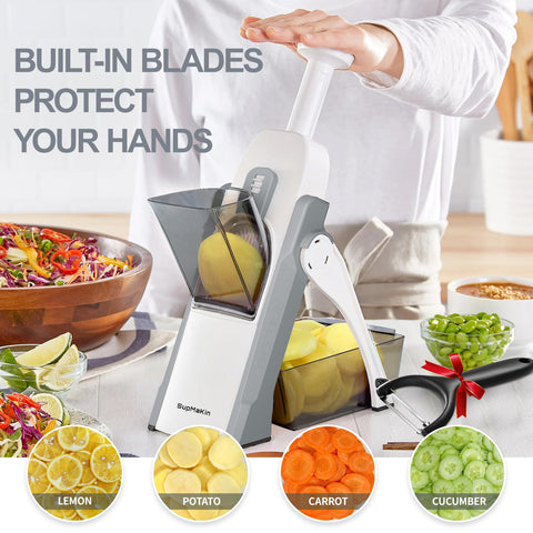SupMaKin mandoline with stainless-steel blades for durable, accurate slicing.
