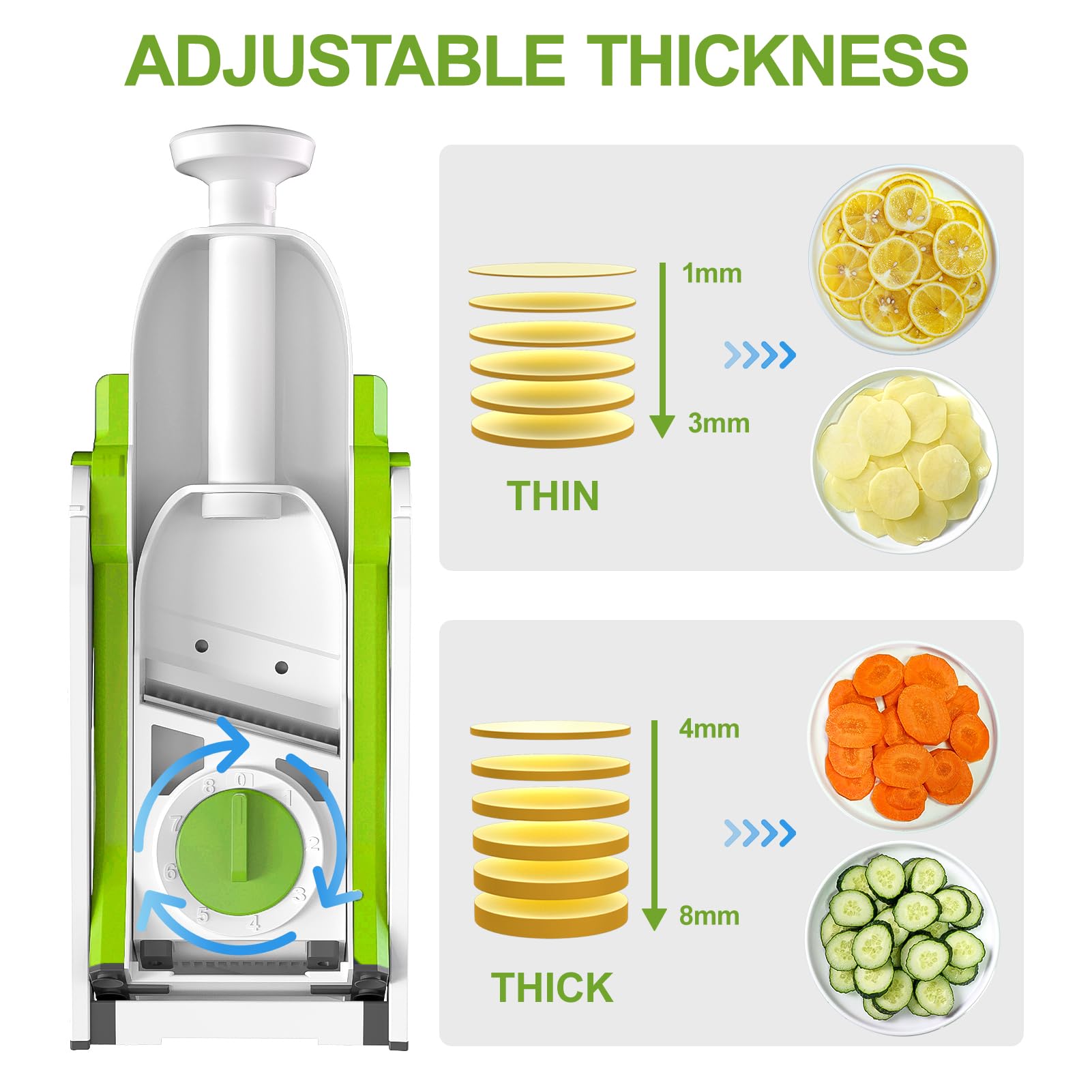 SupMaKin Safe Mandoline Slicer thickness dial shows range 0.1-8 mm for uniform slices.