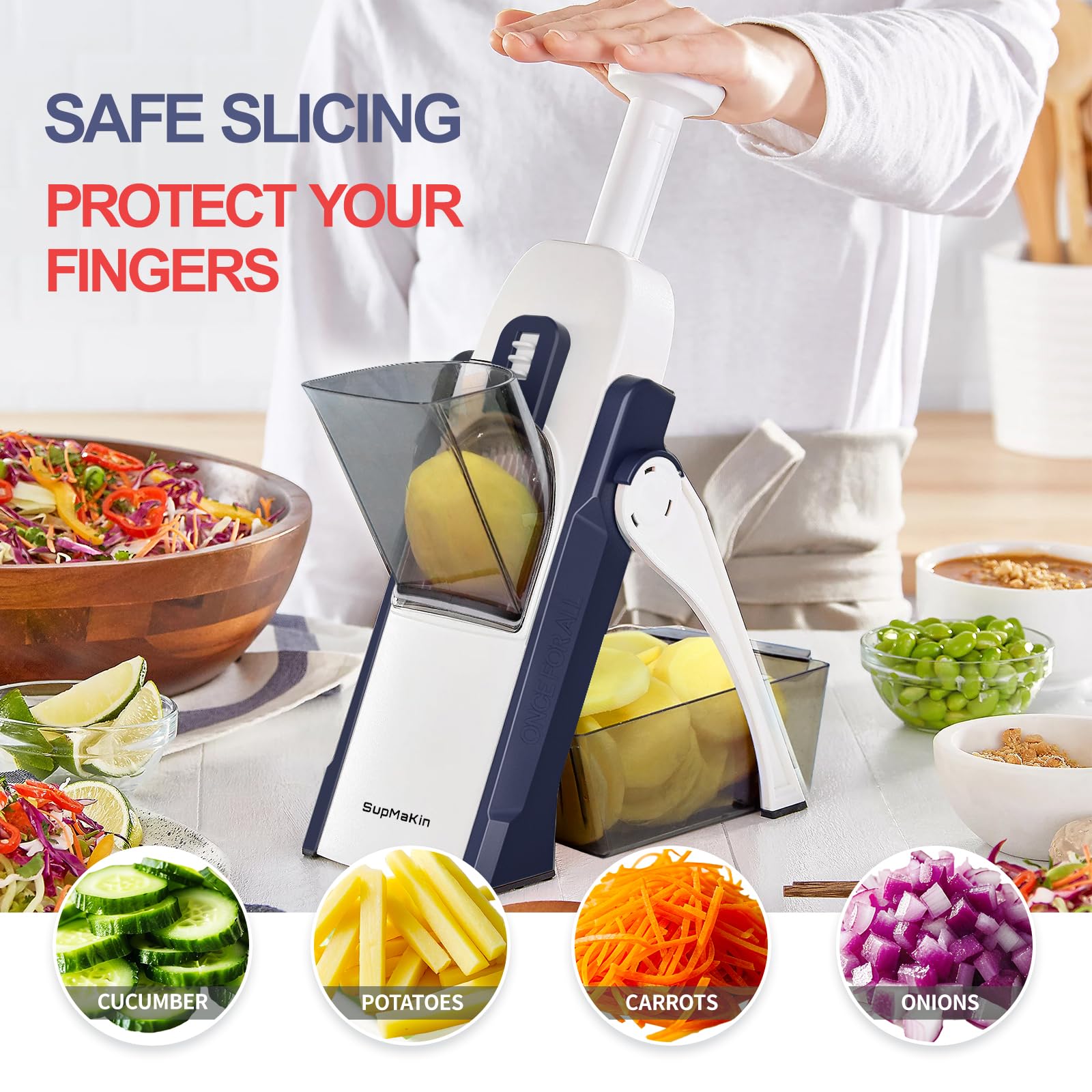 SupMaKin vegetable chopper on stable base enabling uniform cuts during prep