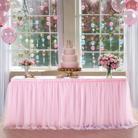 Suppromo pink tulle table skirt 6ft front view enhances dessert table presentation