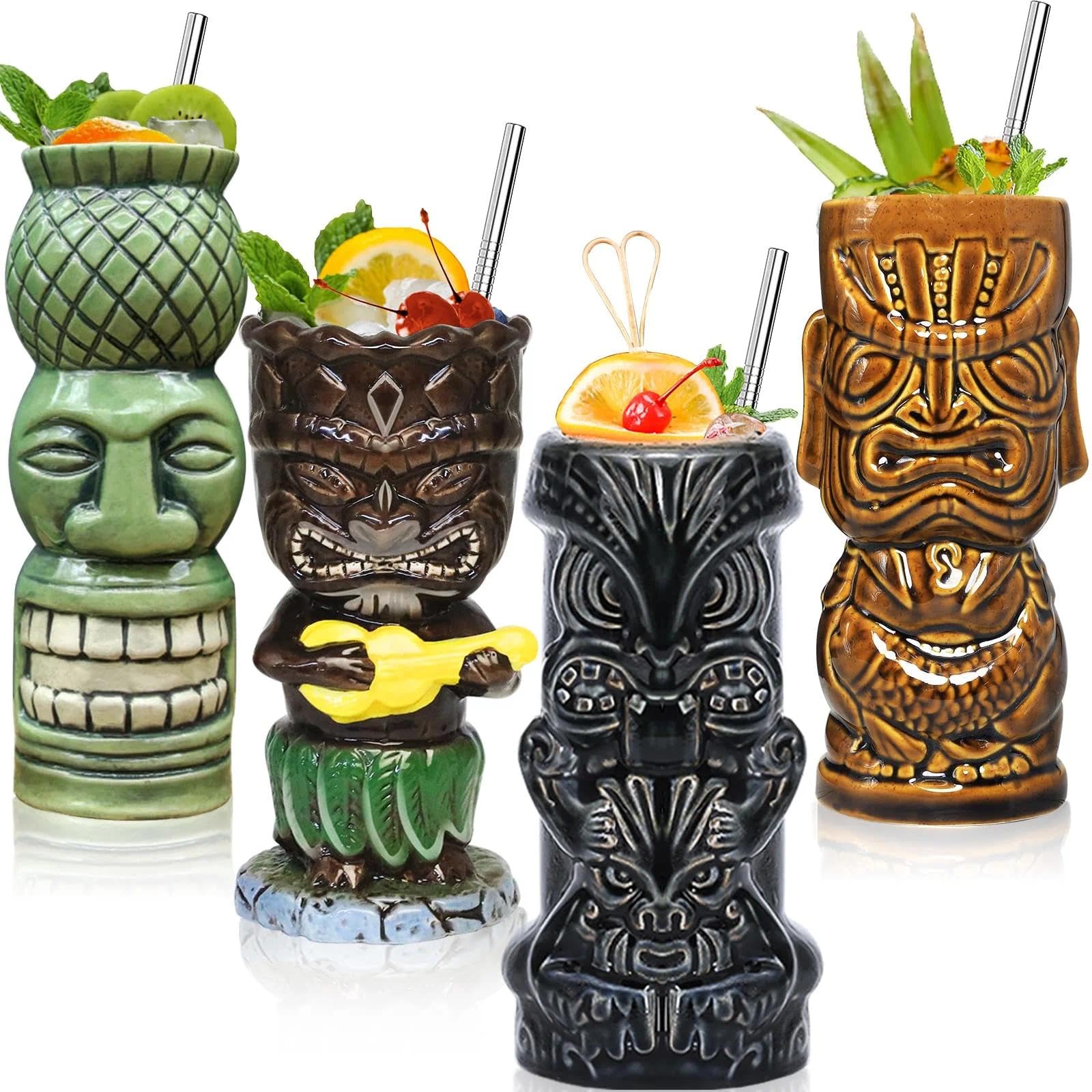 SuproBarware tiki mug set 4 with vibrant glaze for tropical cocktails