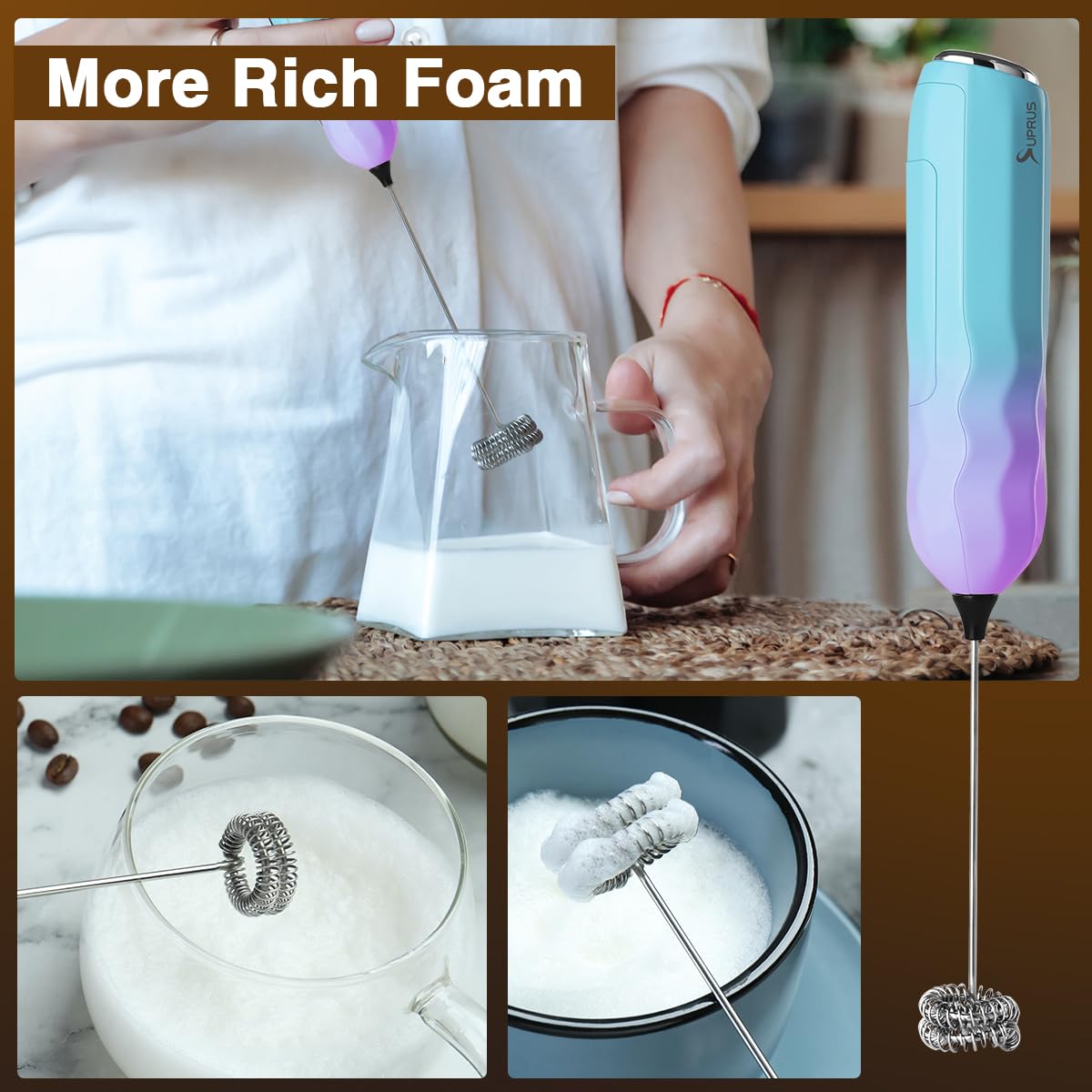 Compact stand keeps the SUPRUS frother tidy on your counter