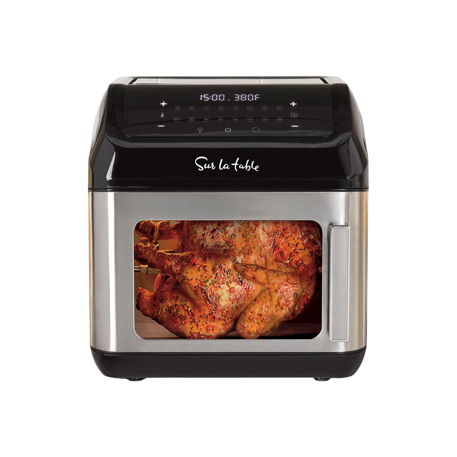 Sur La Table left hinge air fryer front view for family-sized meals with quick even cooking.