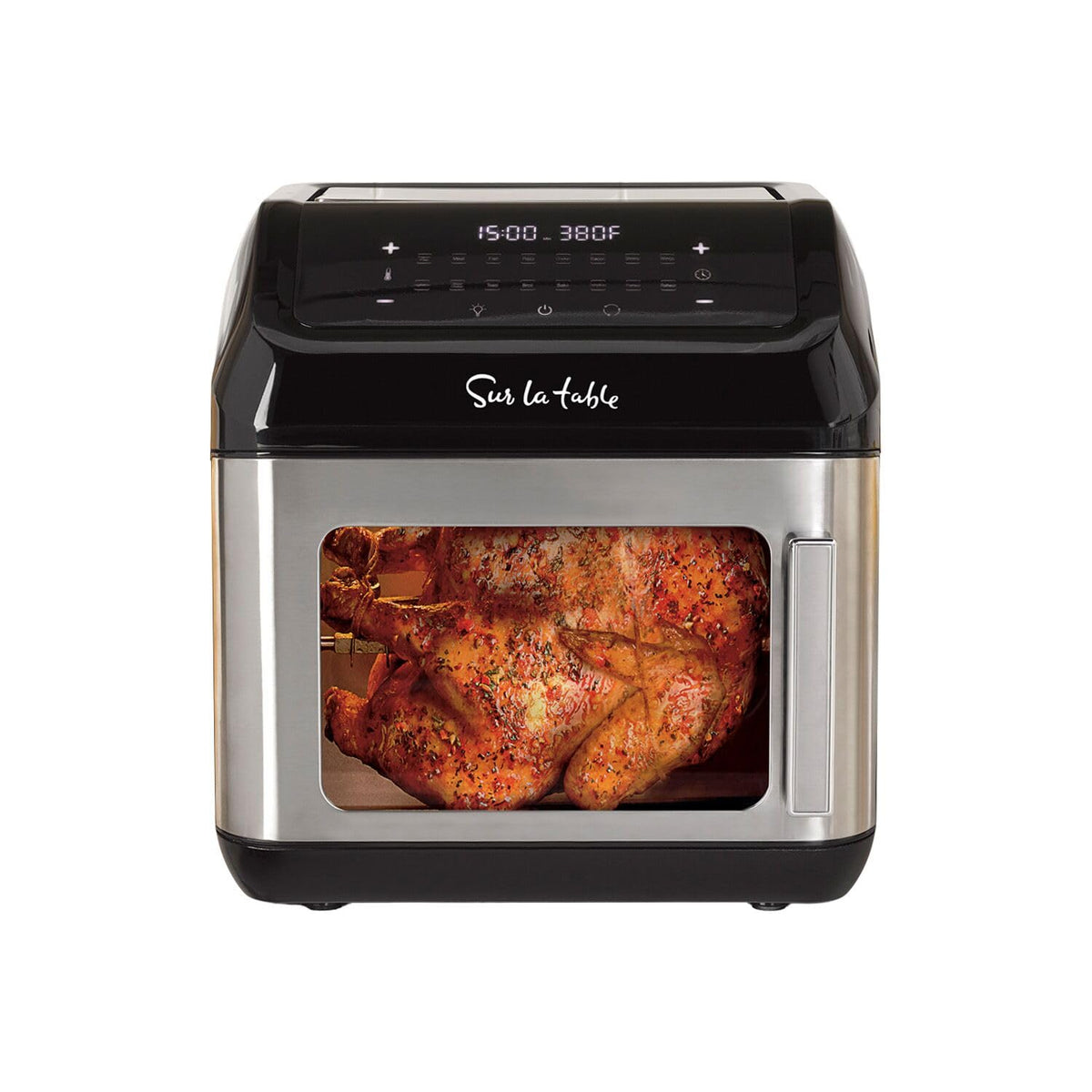 Sur La Table left hinge air fryer front view for family-sized meals with quick even cooking.