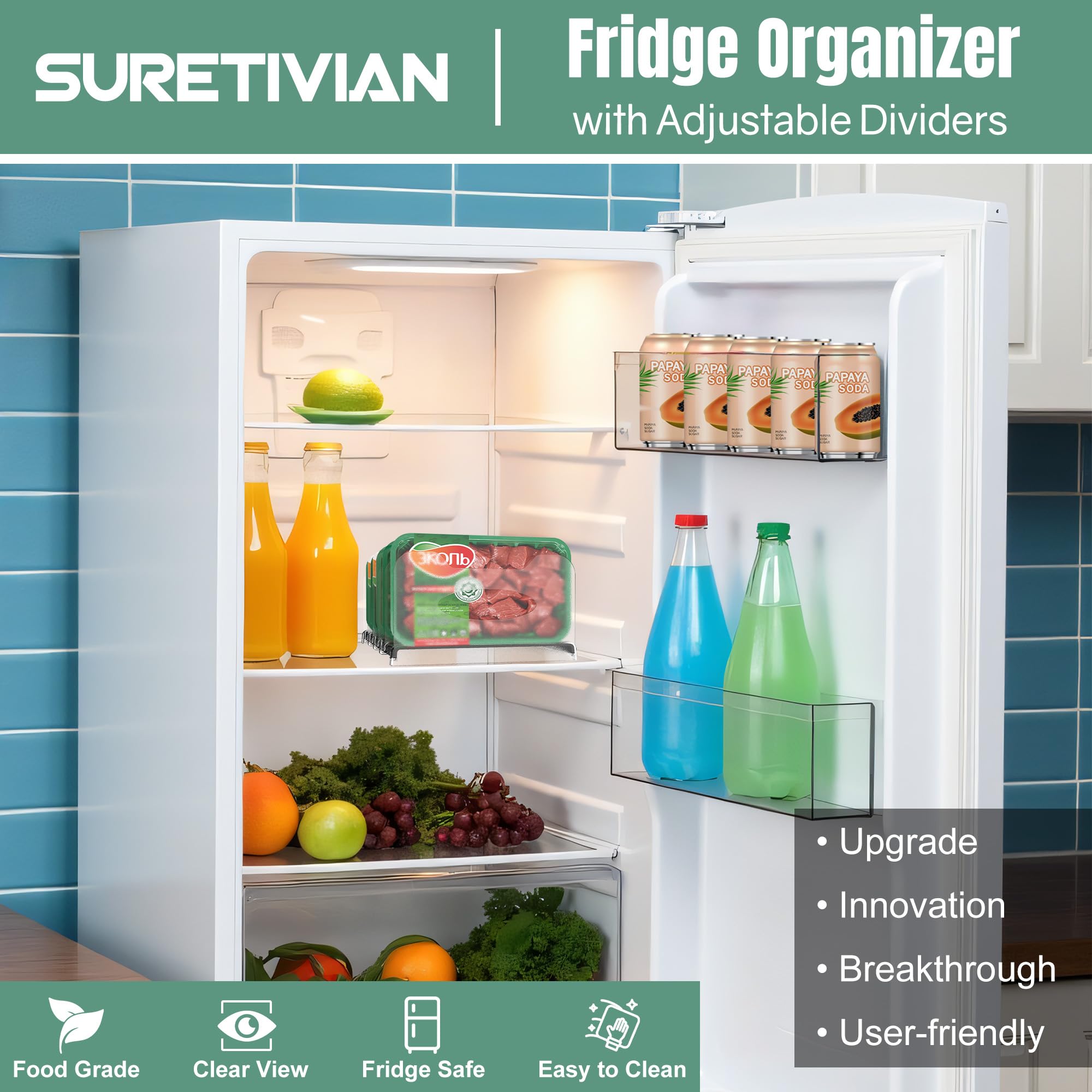 SURETIVIAN removable dividers customize compartments for snacks, meats, and vegetables.