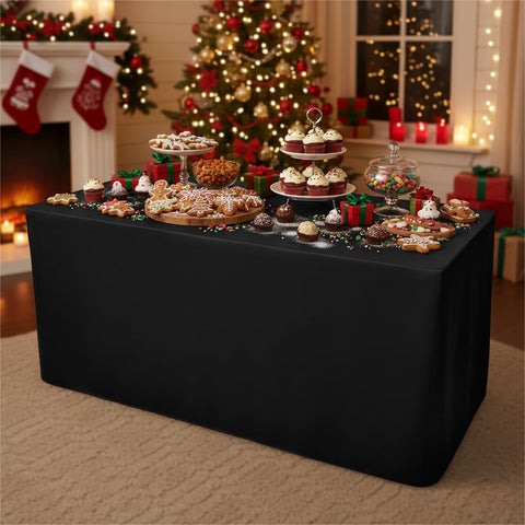 Surmente tablecloth draped over a buffet-style rectangular table