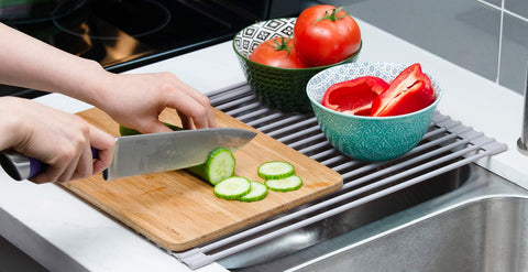 Surpahs warm-gray rack complements modern kitchens while protecting surfaces