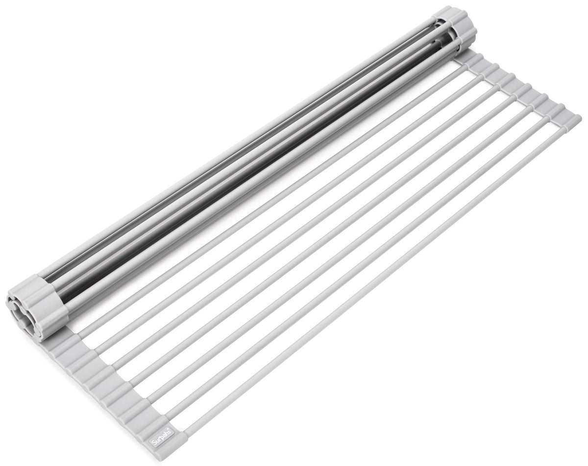 Surpahs Roll-Up Dish Drying Rack in warm gray extended length for wider sinks and extra drying space