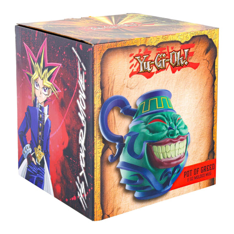 Surreal Entertainment Pot of Greed mug, side profile, deck-inspired details.