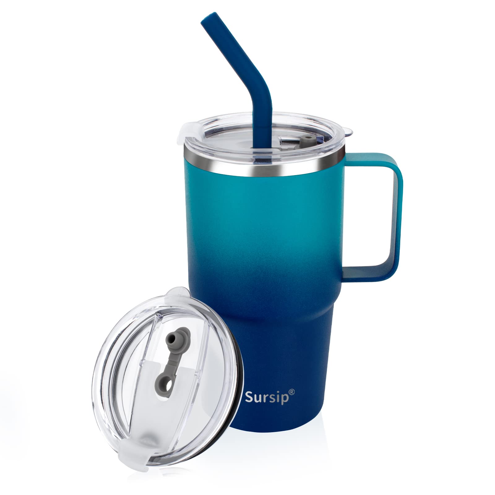 Sursip 24oz navy tumbler with handle keeps drinks cold or hot.