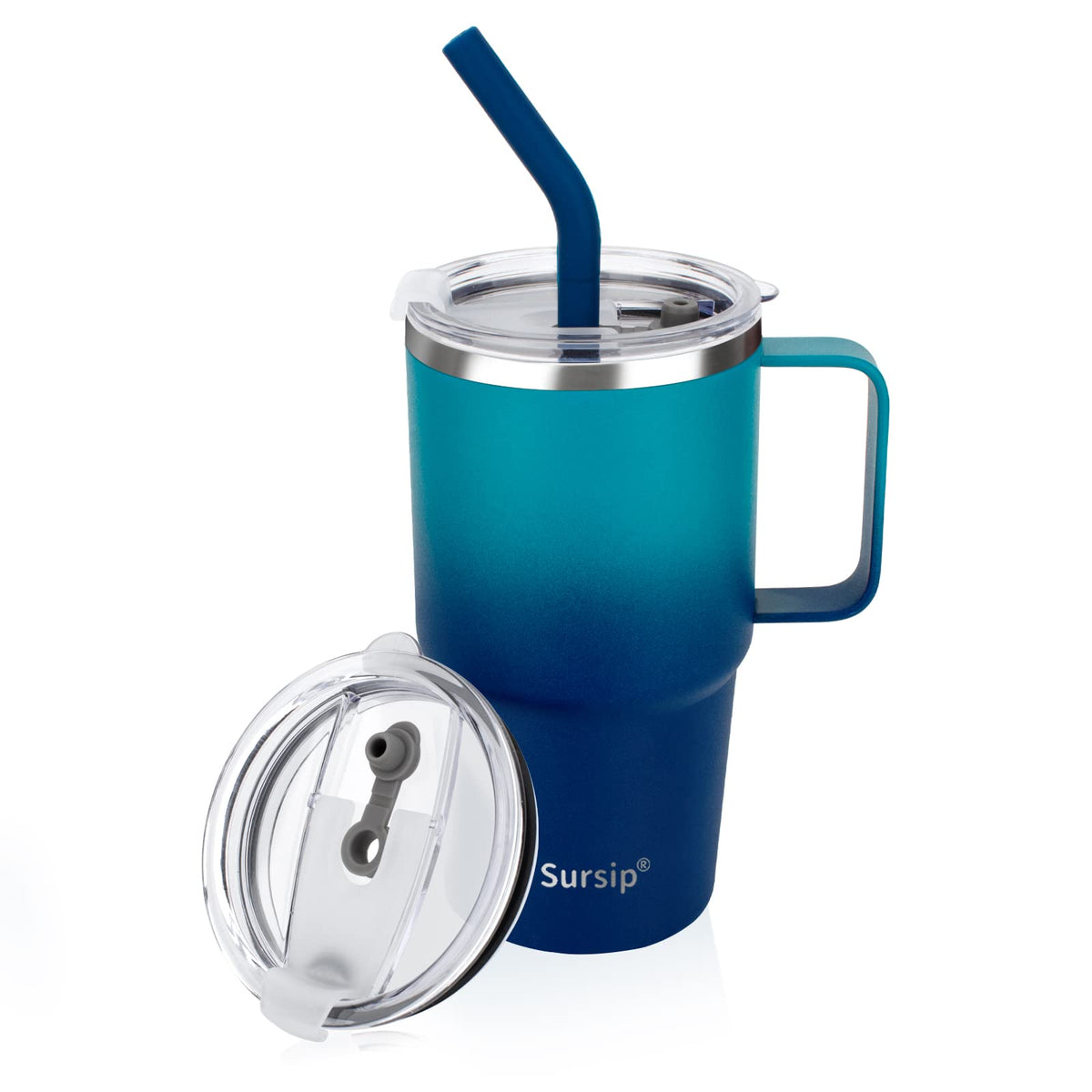 Sursip 24oz navy tumbler with handle keeps drinks cold or hot.
