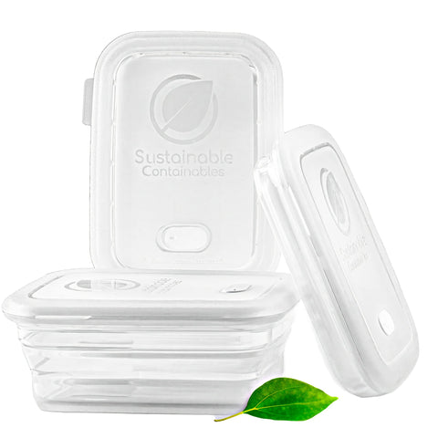 Sustainable Containables leakproof lid secures silicone container during transport.