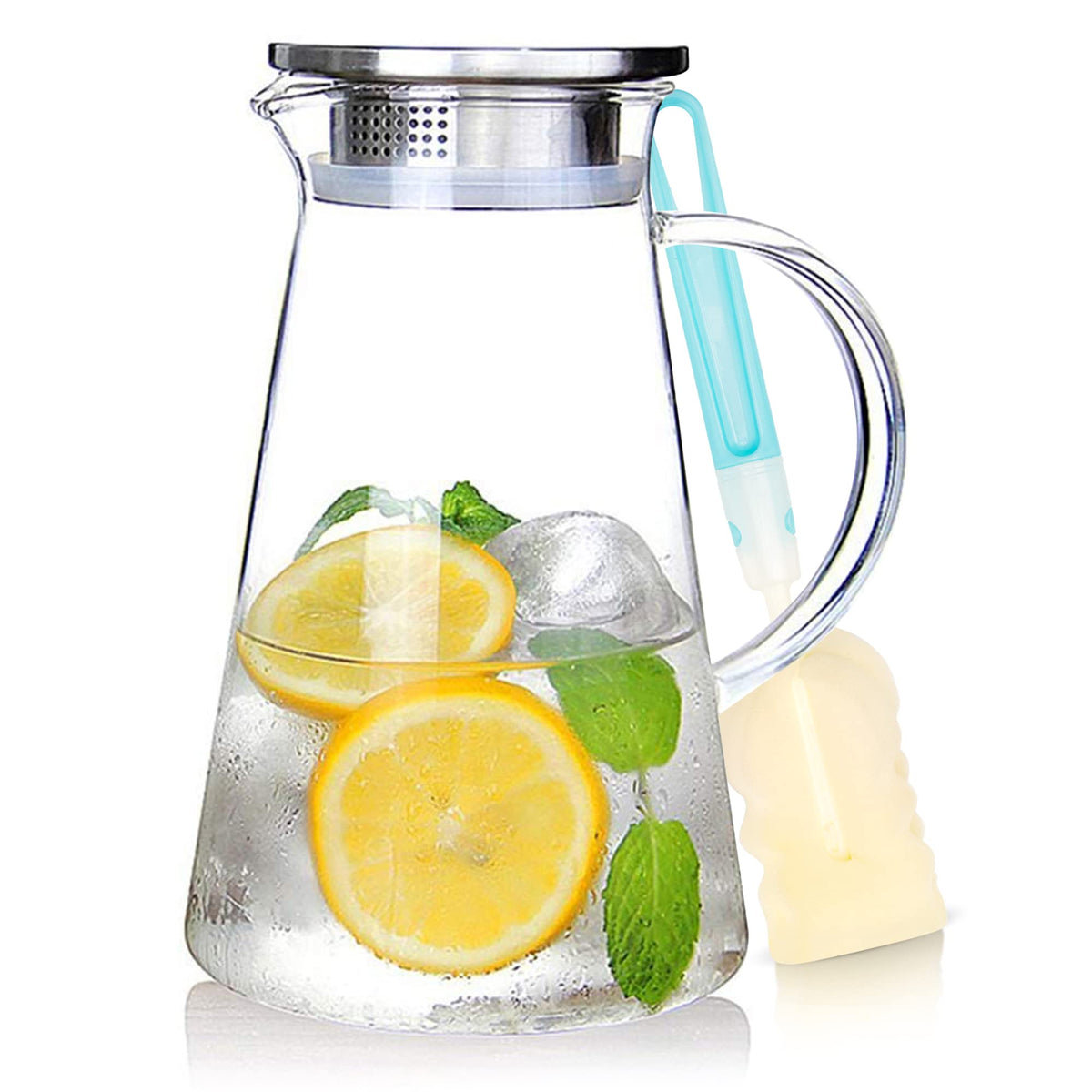 SUSTEAS 2L glass pitcher with lid for secure seals and pulp retention.
