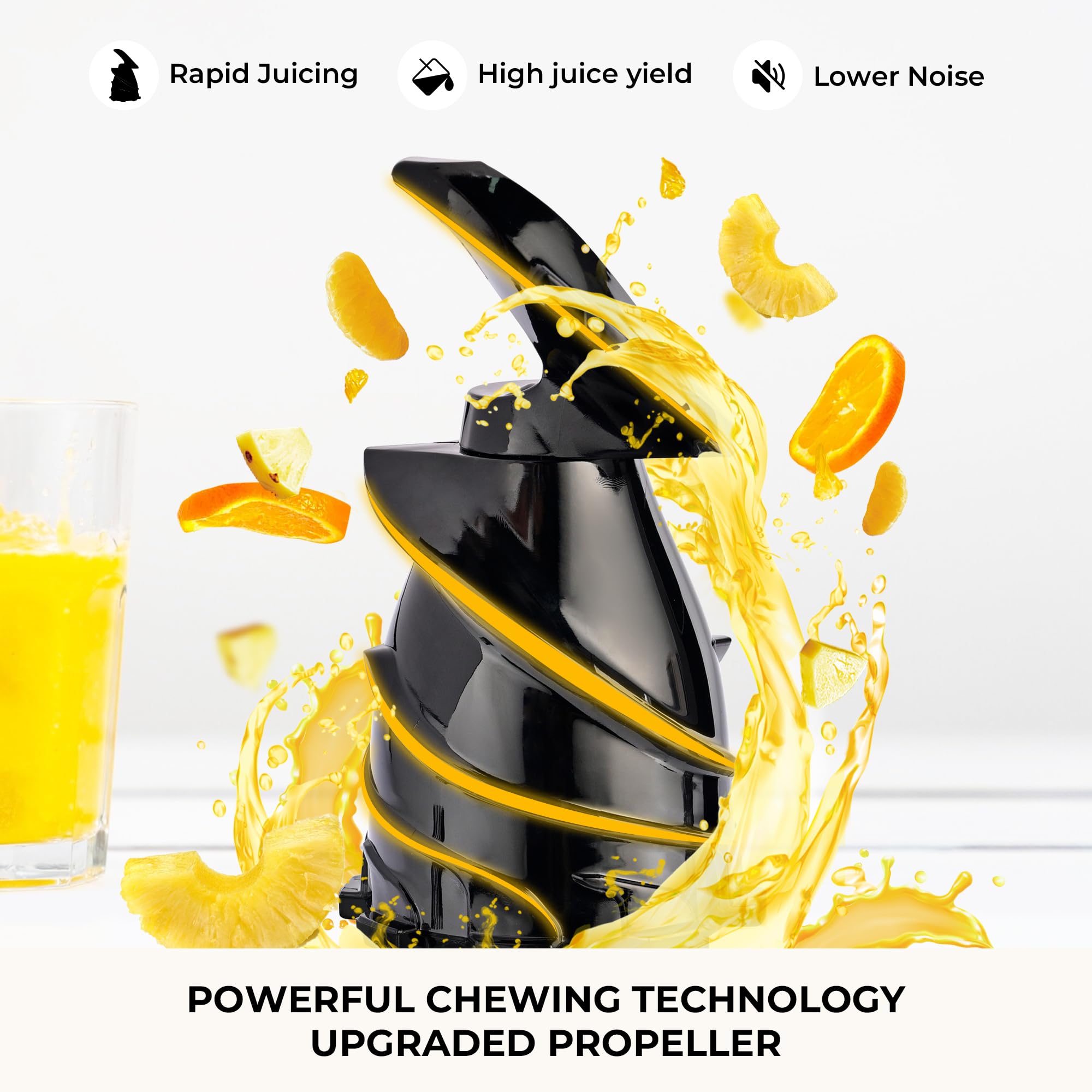 SUSTEAS cold press juicer 5.3-inch feed chute enables juicing whole fruits.