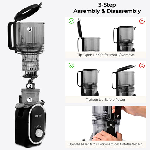 SUSTEAS juicer feed chute showing large opening enables whole-fruit juicing