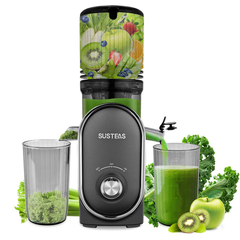 SUSTEAS cold press juicer front view for compact home use and convenience.