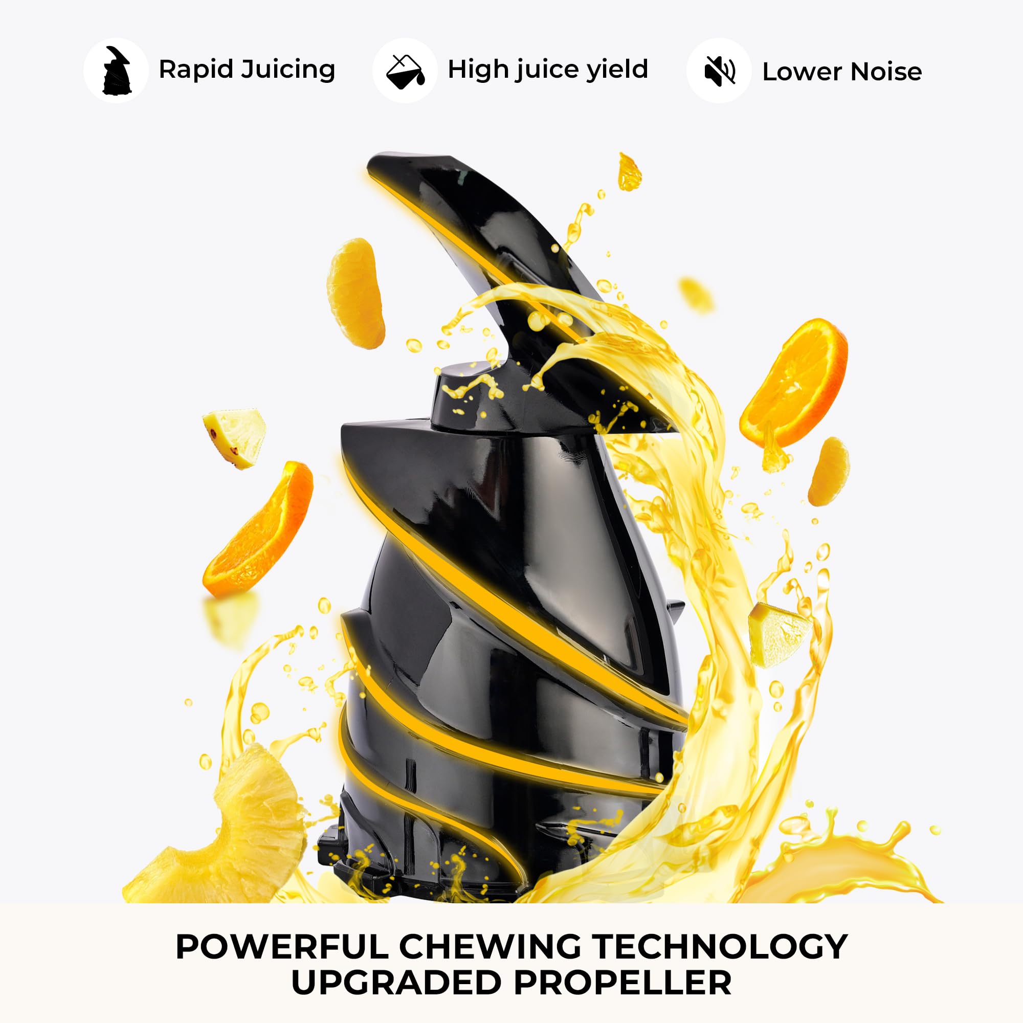 SUSTEAS juicer features large 5.3-inch feed chute for whole produce.