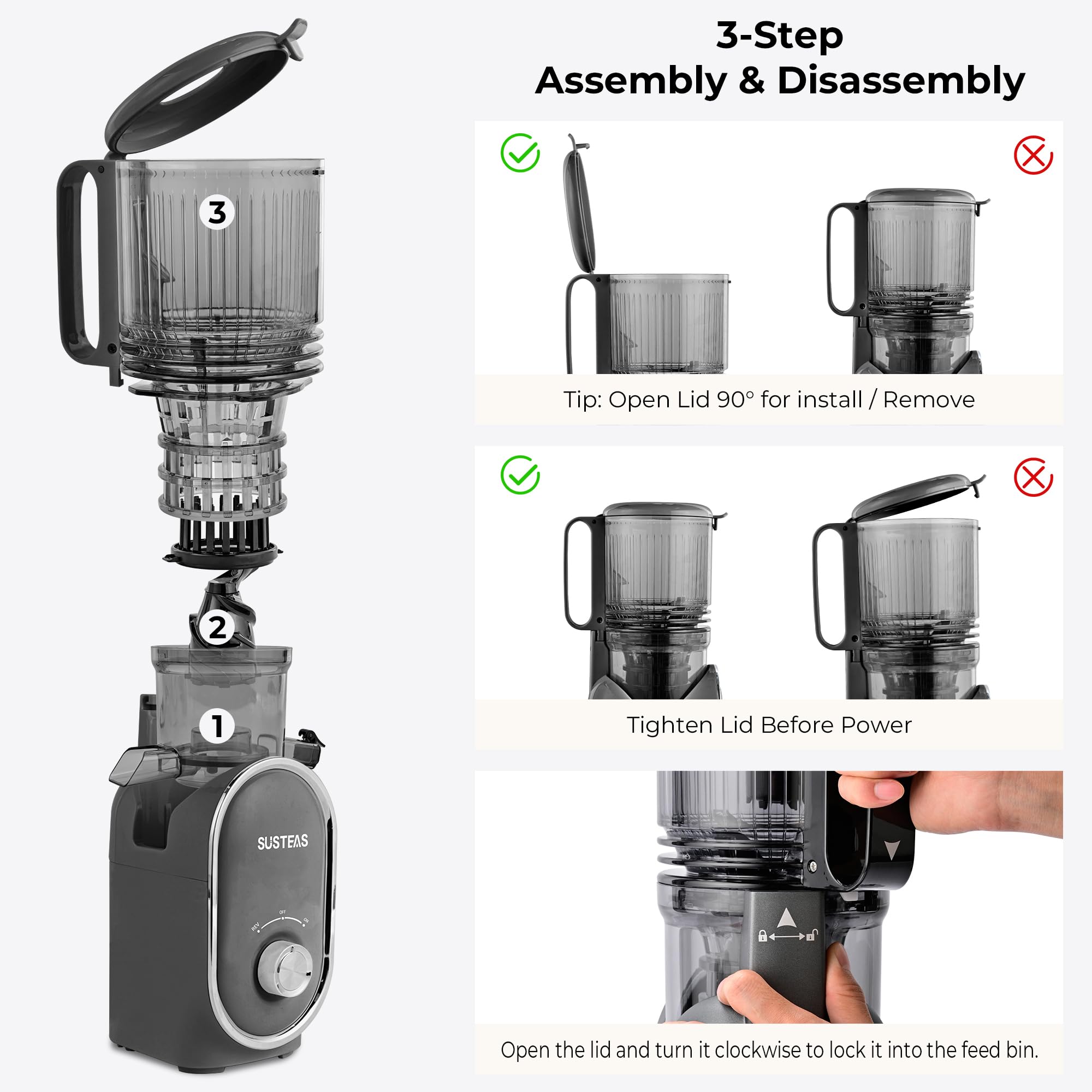 SUSTEAS juicer top hopper highlights easy assembly and loading.