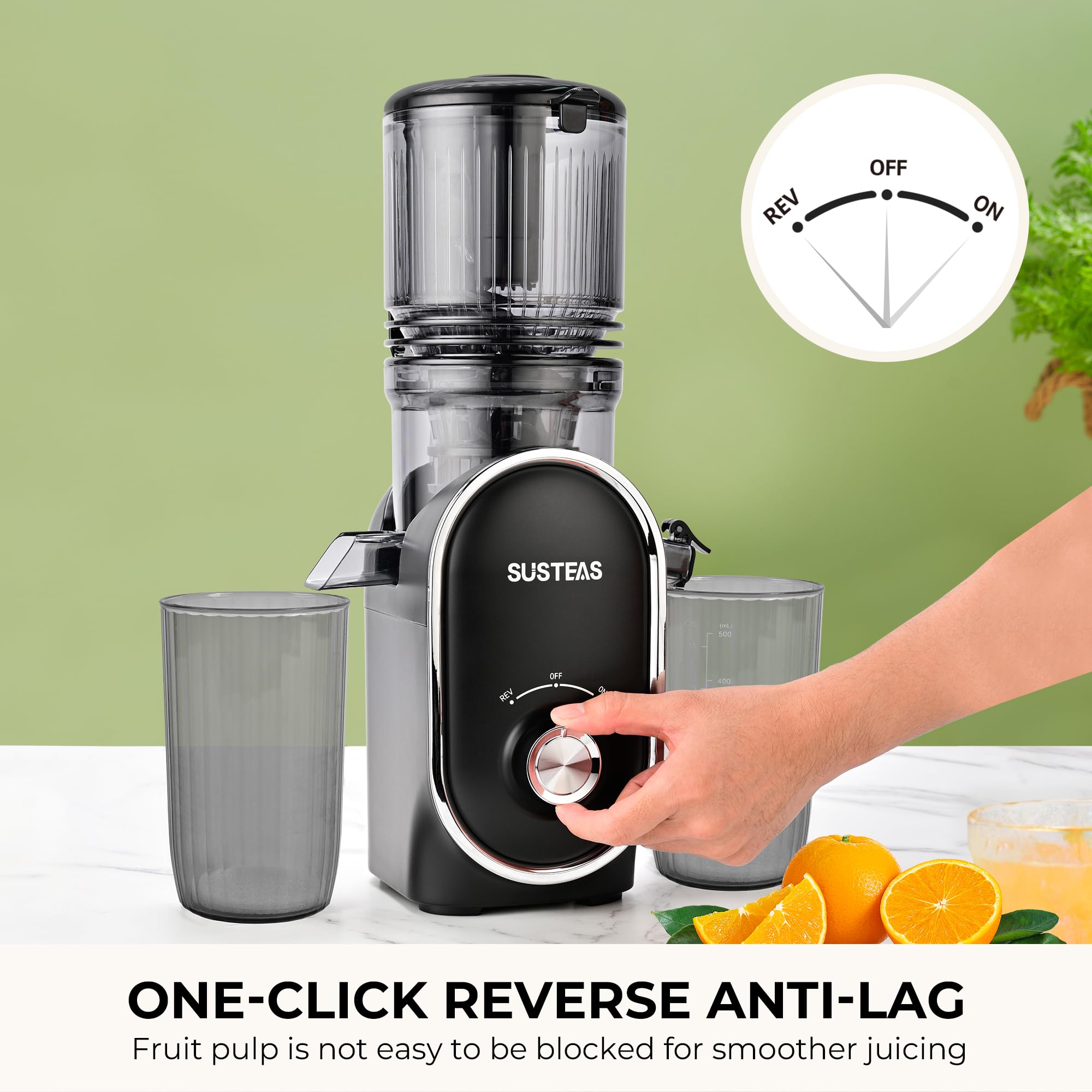 SUSTEAS juicer in action juicing whole fruits with minimal prep