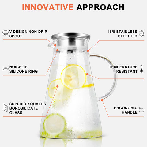 SUSTEAS glass pitcher with ergonomic handle for comfortable pouring.