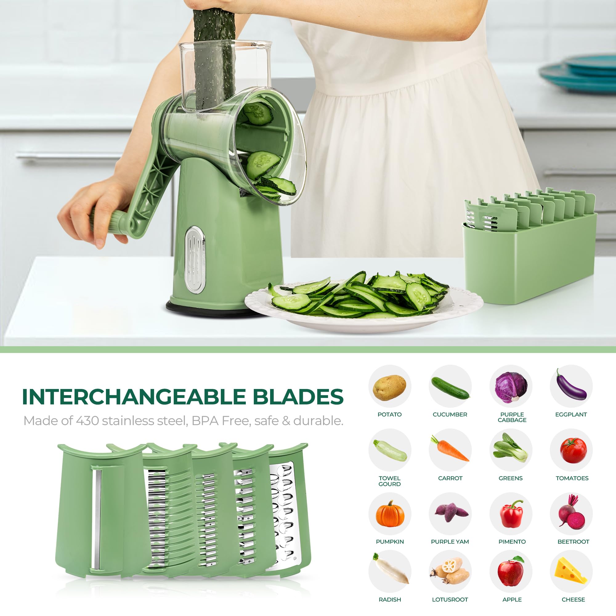Five-blade set enables versatile shredding, slicing, and wave cuts
