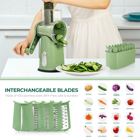 Five-blade set enables versatile shredding, slicing, and wave cuts