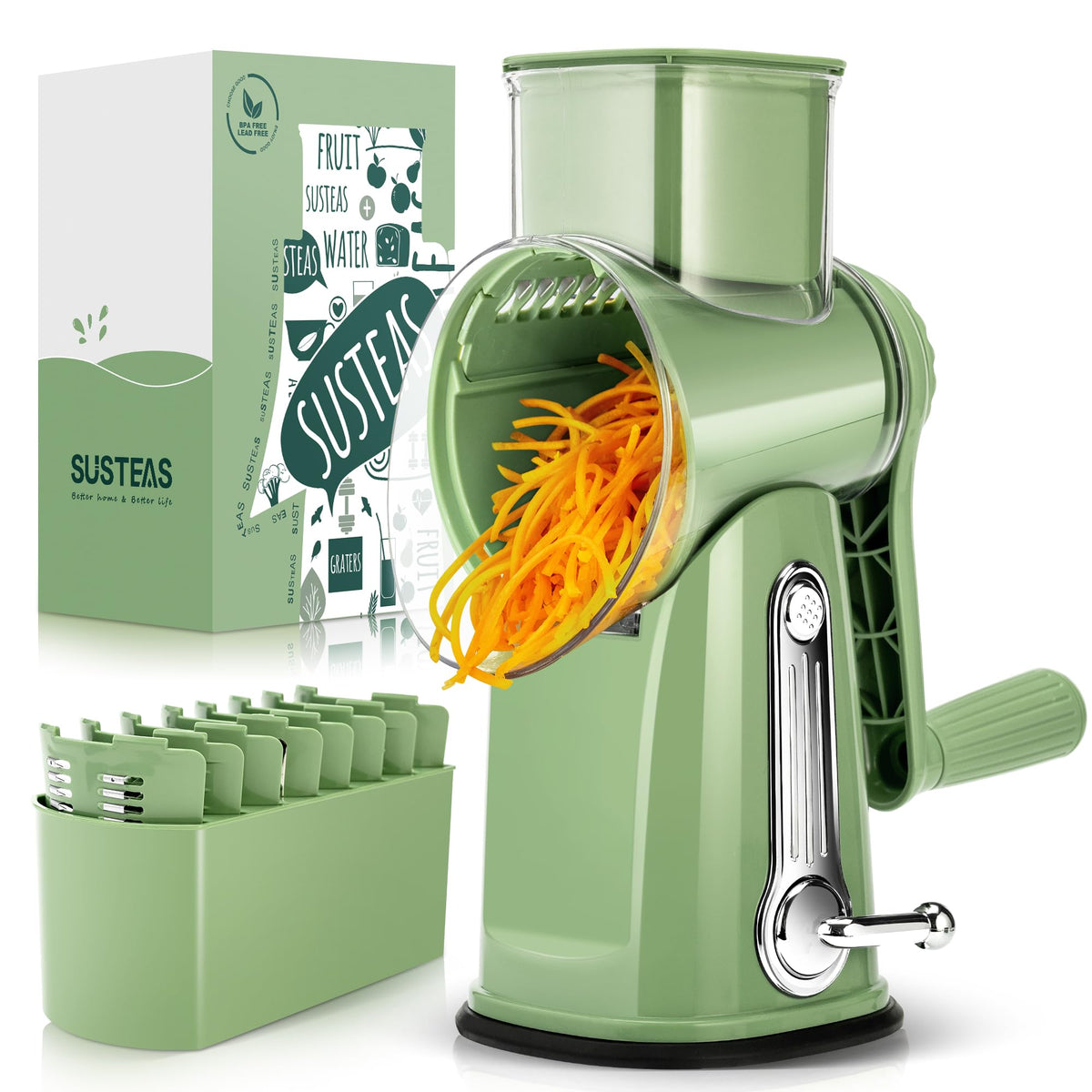SUSTEAS rotary cheese grater with handle, front view for easy cheese shredding