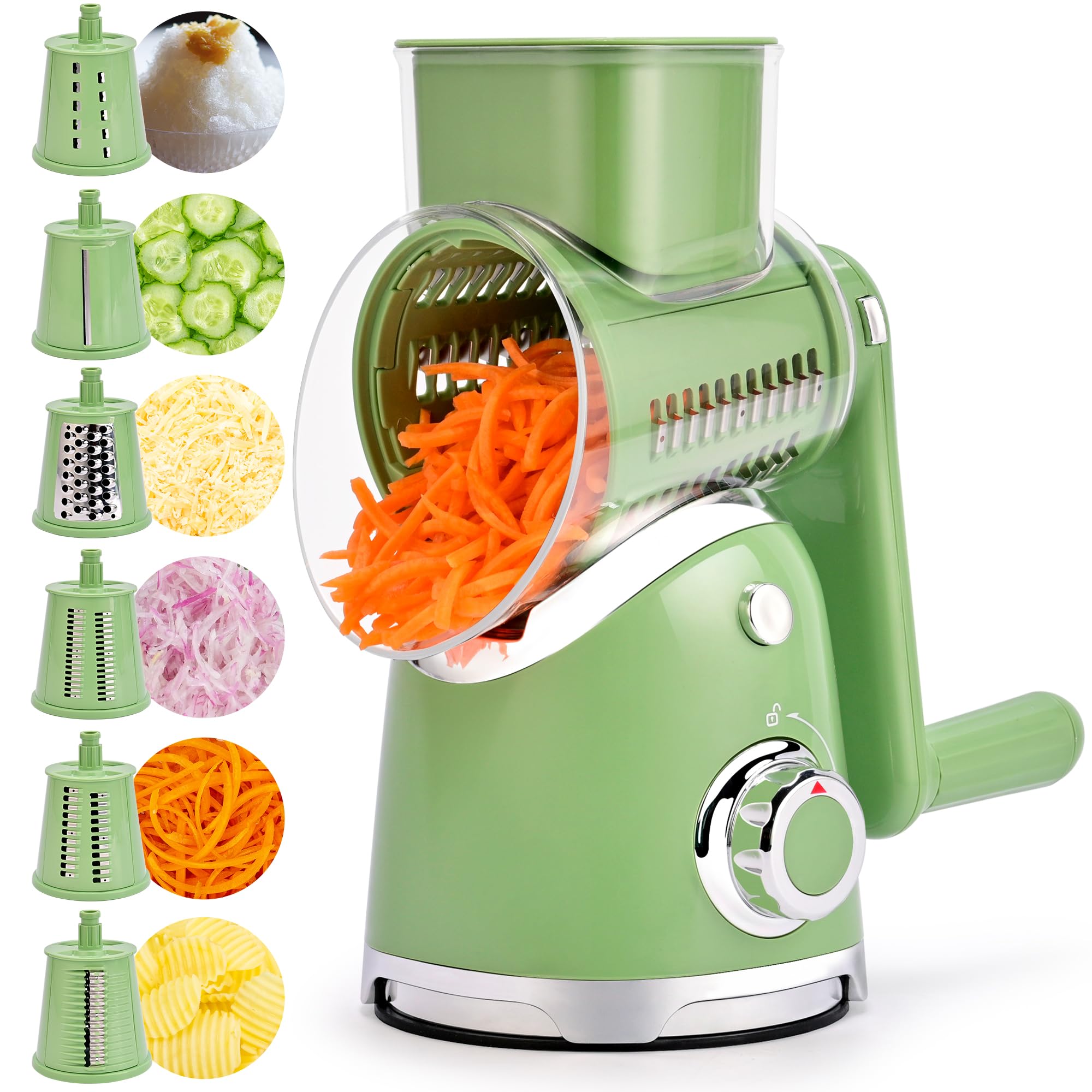 SUSTEAS rotary cheese grater with handle showing easy grip for fast shredding