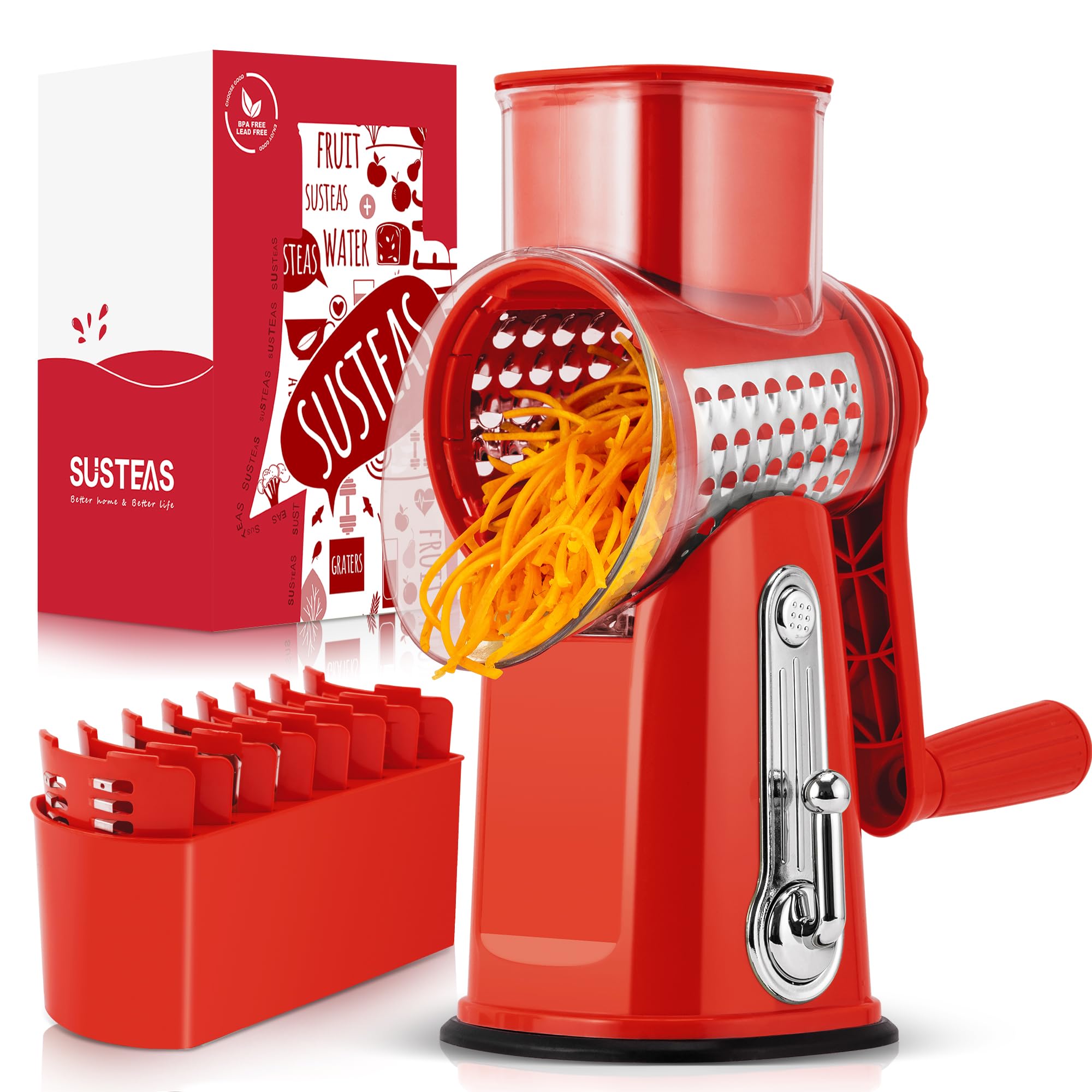 SUSTEAS rotary cheese grater with handle for easy shredding on demand.