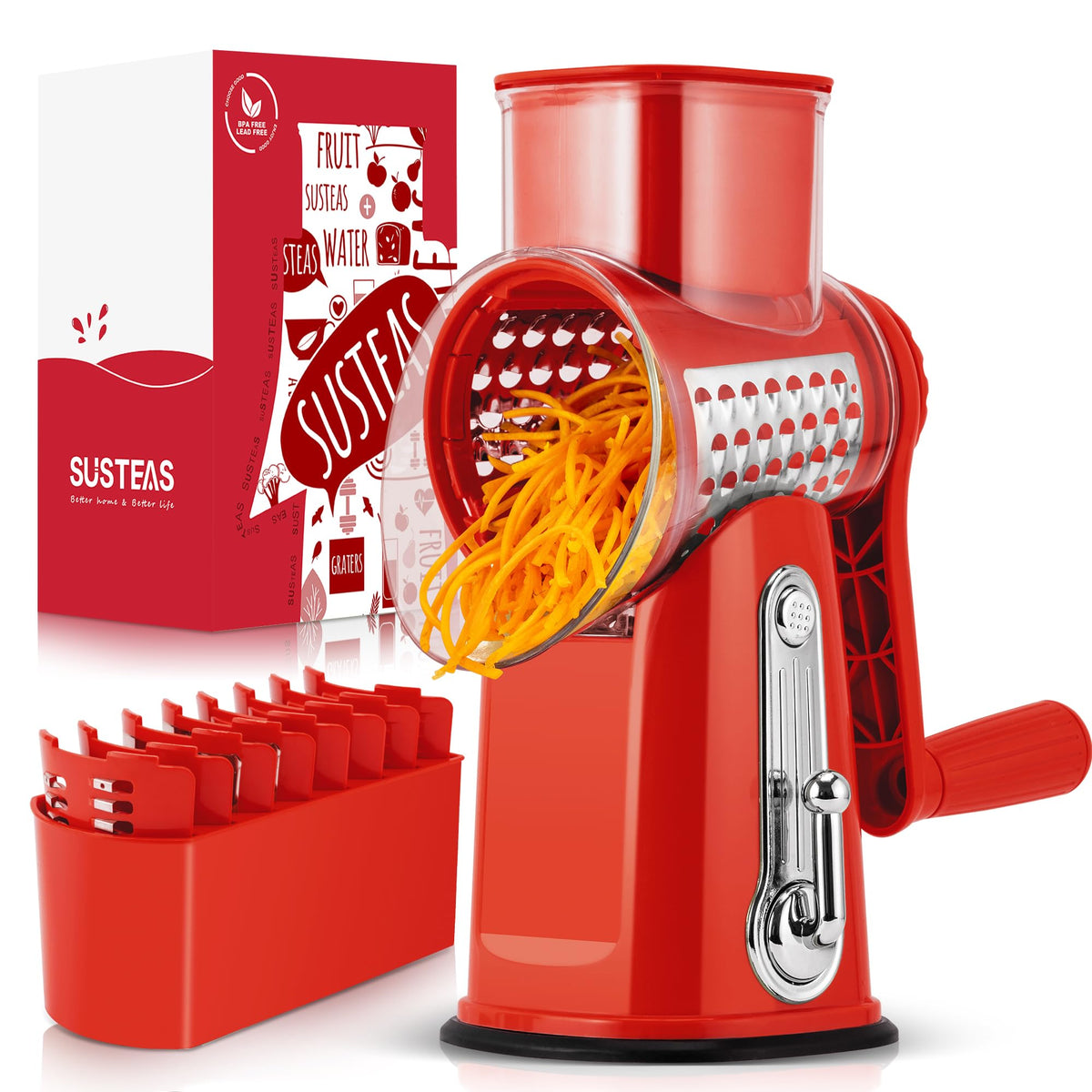 SUSTEAS rotary cheese grater with handle for easy shredding on demand.