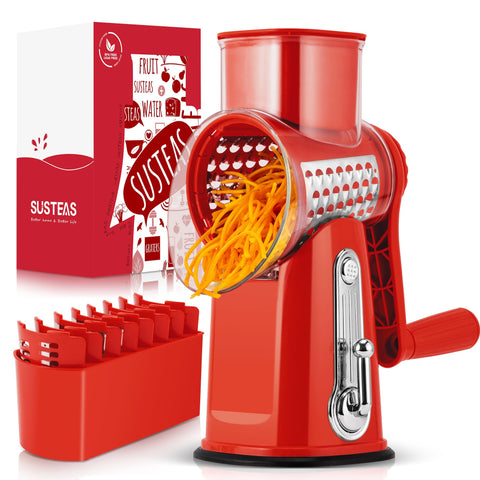 SUSTEAS rotary cheese grater with handle for easy shredding on demand.