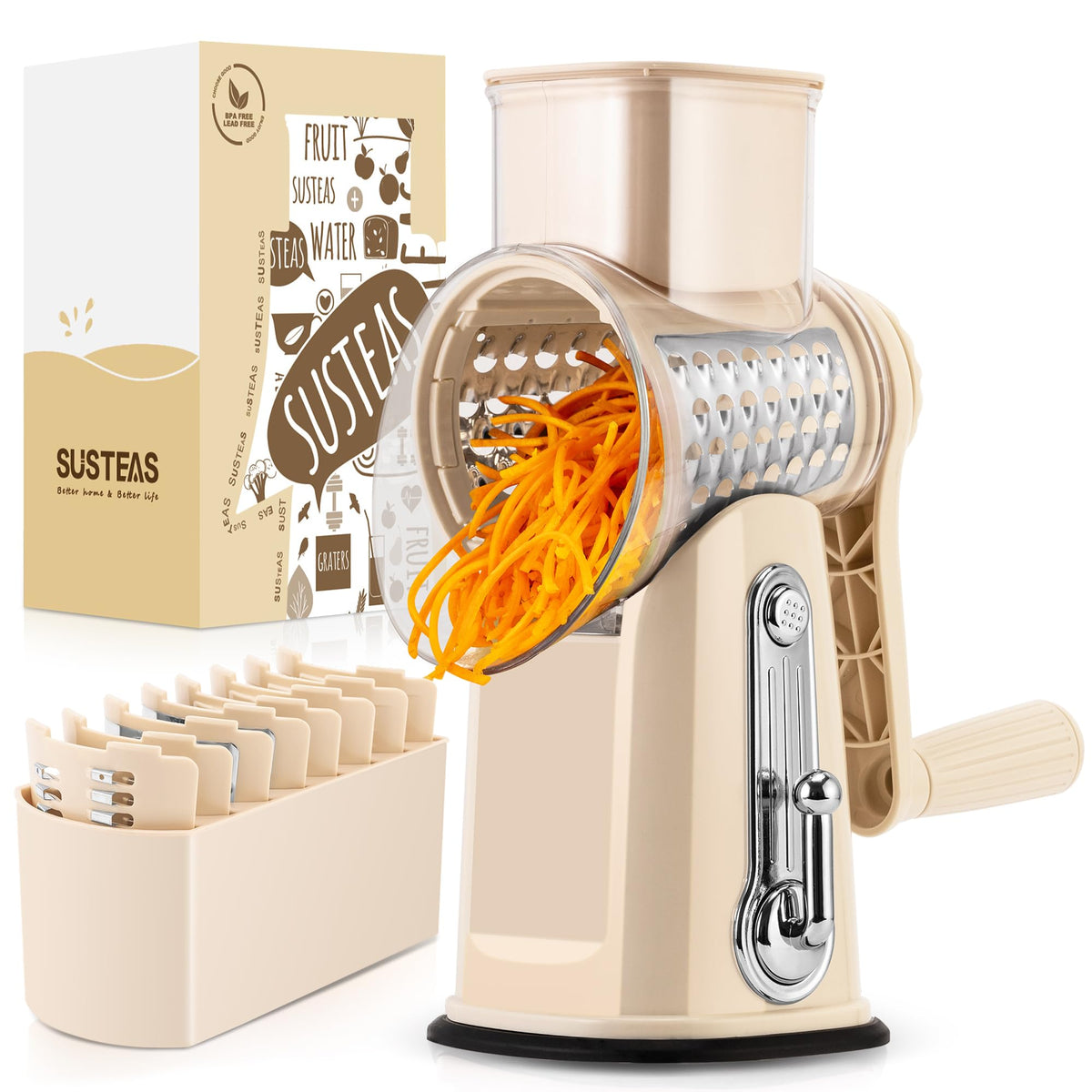 SUSTEAS rotary cheese grater with handle for effortless shredding