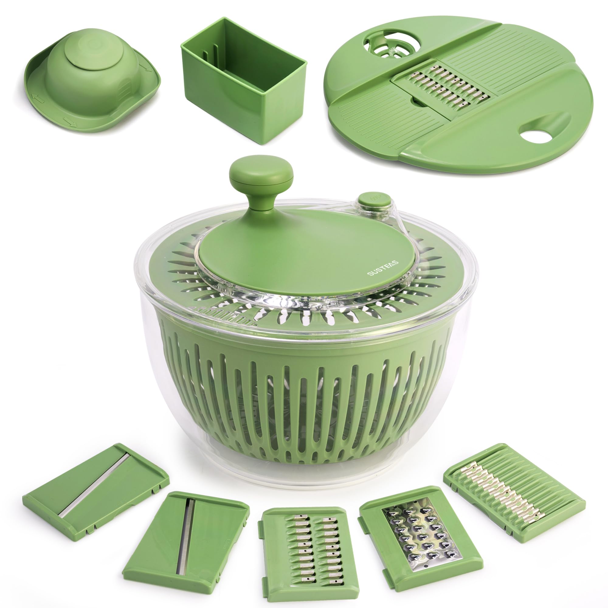 SUSTEAS Salad Spinner Large in action showing drying capacity for leafy greens