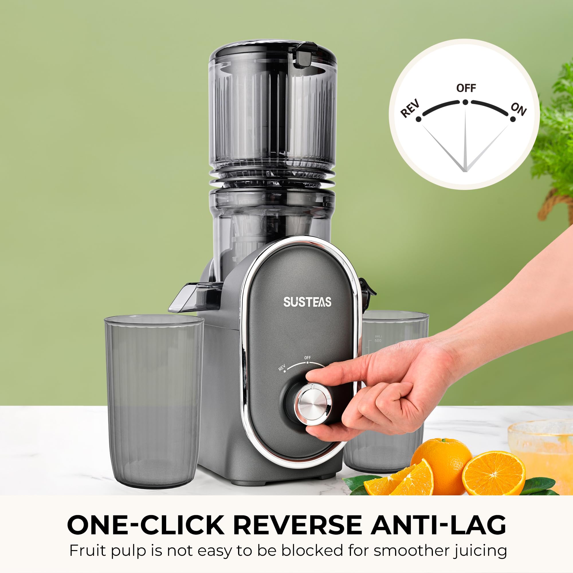 SUSTEAS silver gray juicer in a modern kitchen setup for healthy beverages.