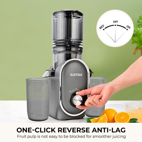 SUSTEAS silver gray juicer in a modern kitchen setup for healthy beverages.