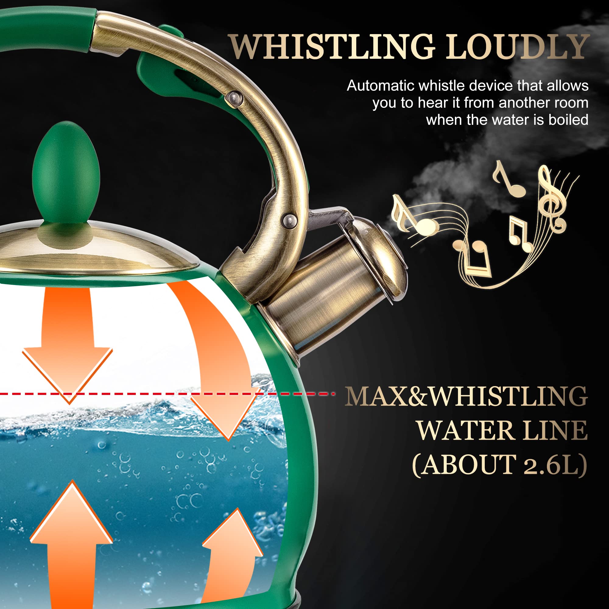 SUSTEAS 2.64-quart kettle emits a loud whistle for easy listening.