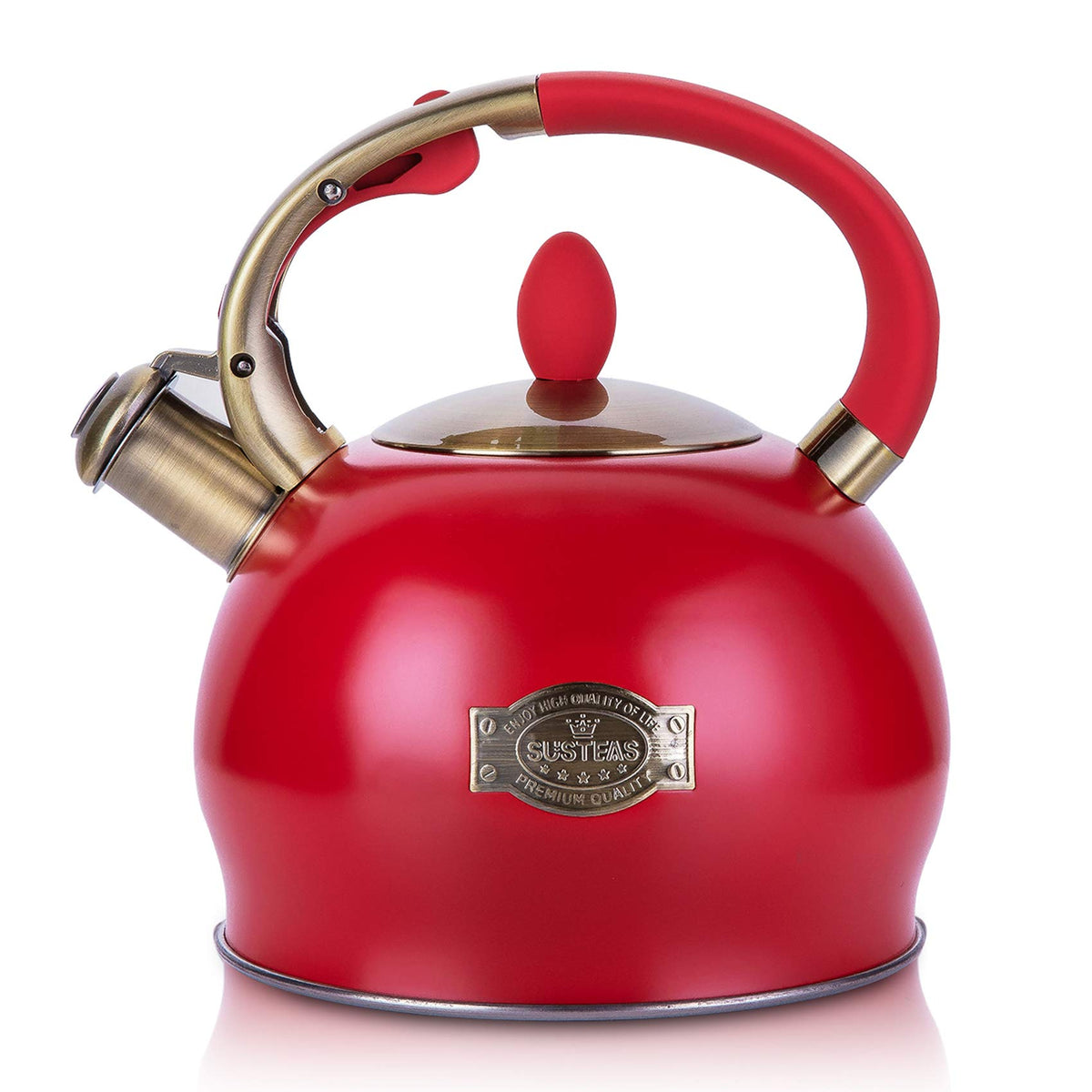 SUSTEAS red stove top kettle overview with 2.64 qt capacity.