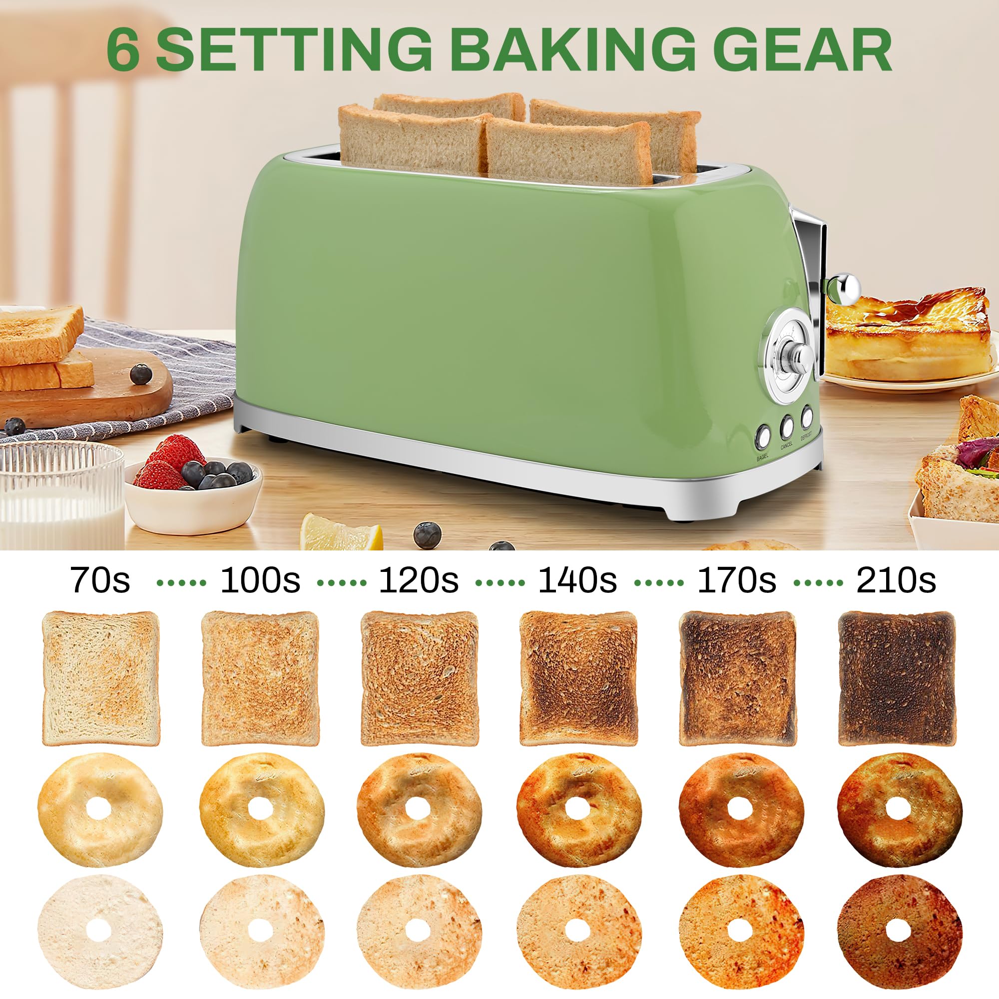 SUSTEAS Toaster defrost function thaws bread before toasting.