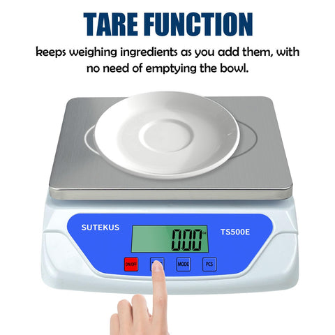 Sutekus scale showing tare auto-zero for quick net weights