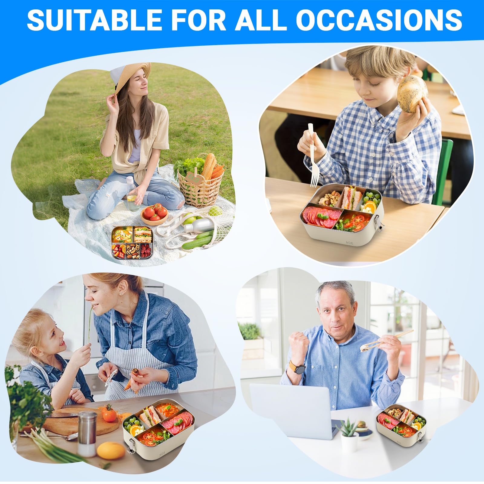 SUTETLW five-compartment design keeps soups, snacks, and yogurt separate.