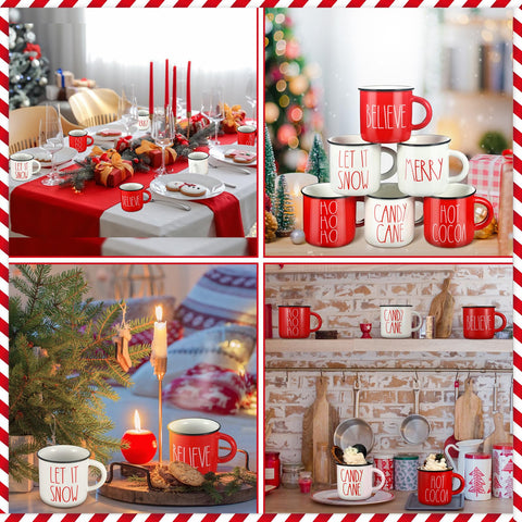 Vibrant Christmas-themed Suttmin mugs brighten any holiday centerpiece.