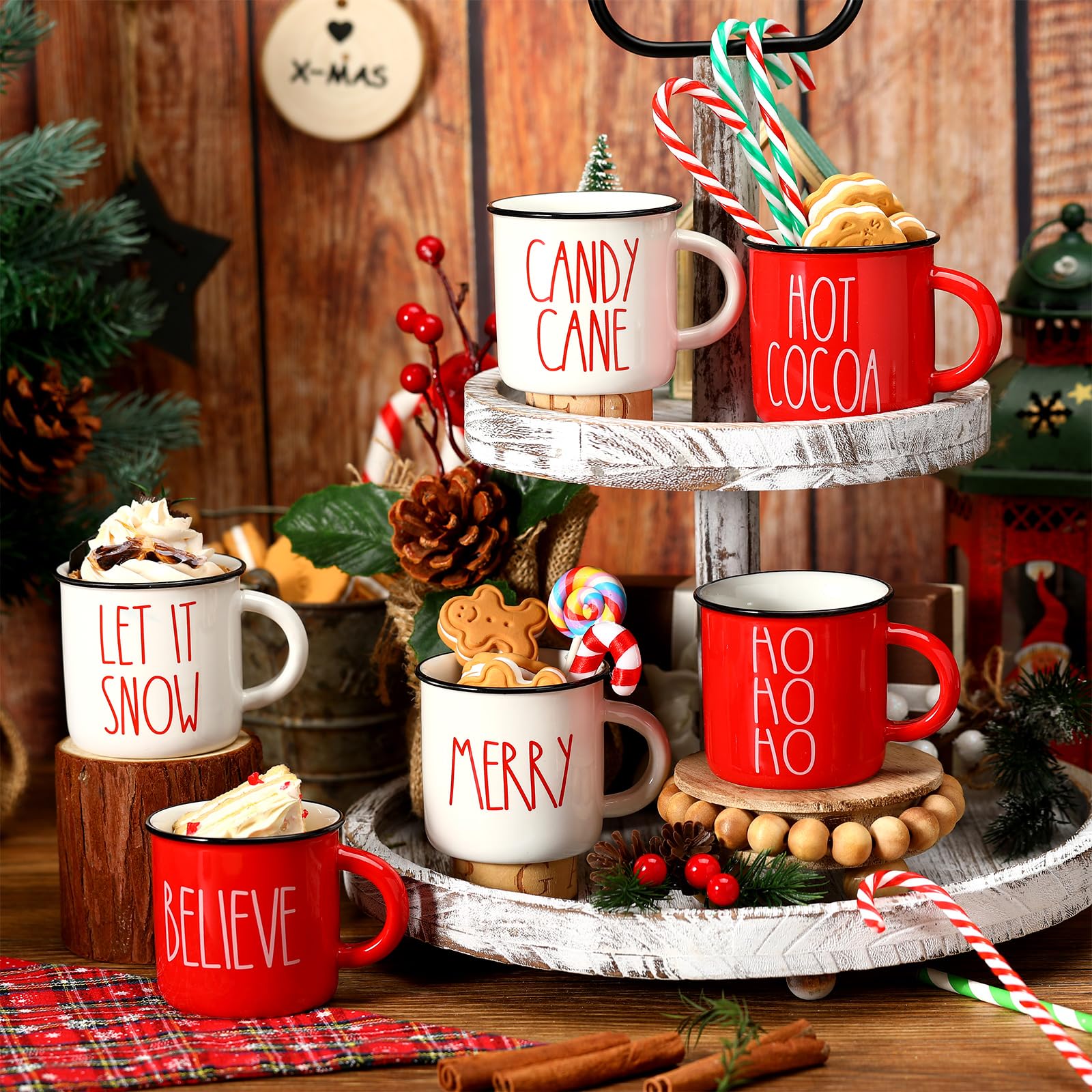 Close-up of Suttmin red white mugs highlighting Christmas text for cozy table decor.