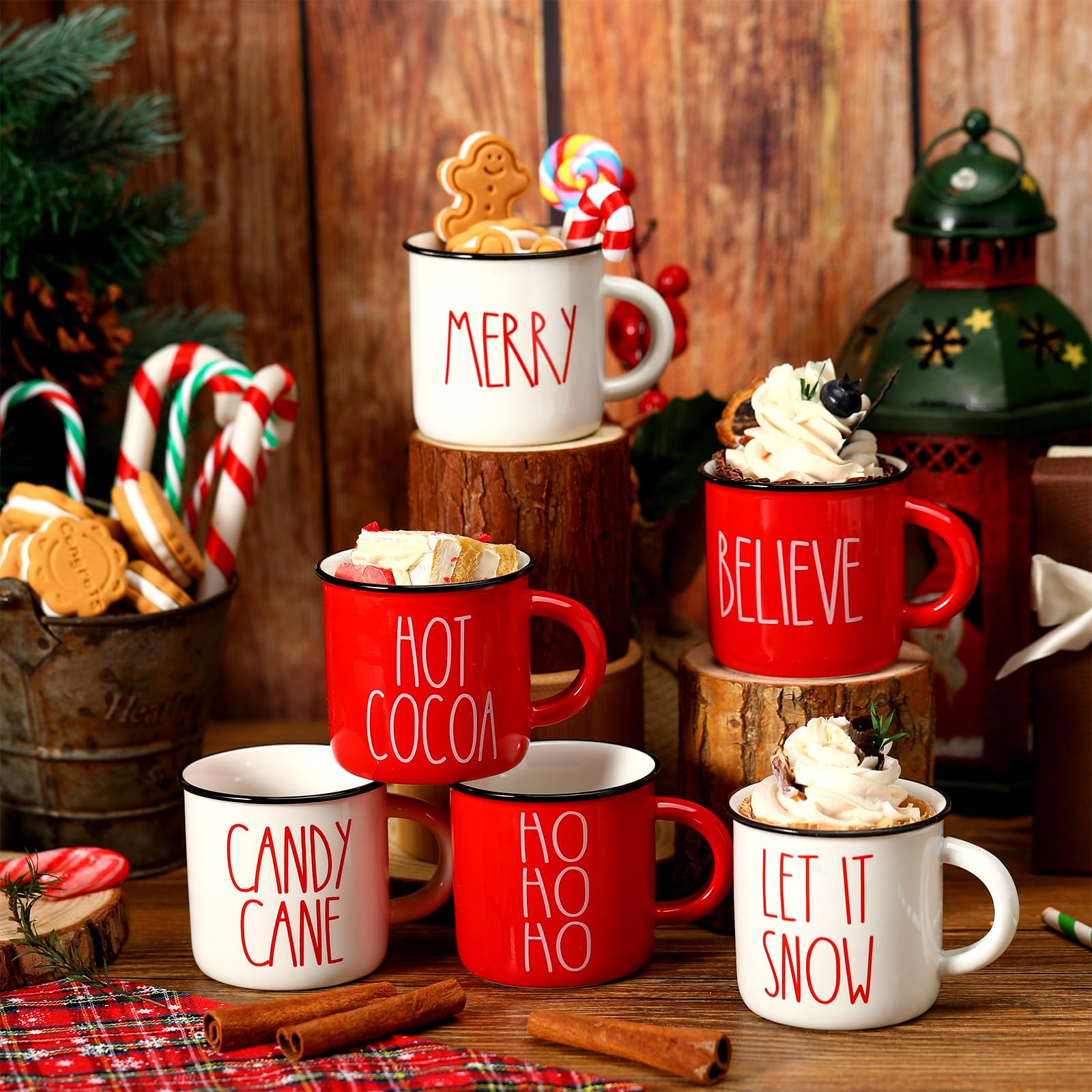 Suttmin mini coffee mugs on a tiered tray showcasing festive red and white design.